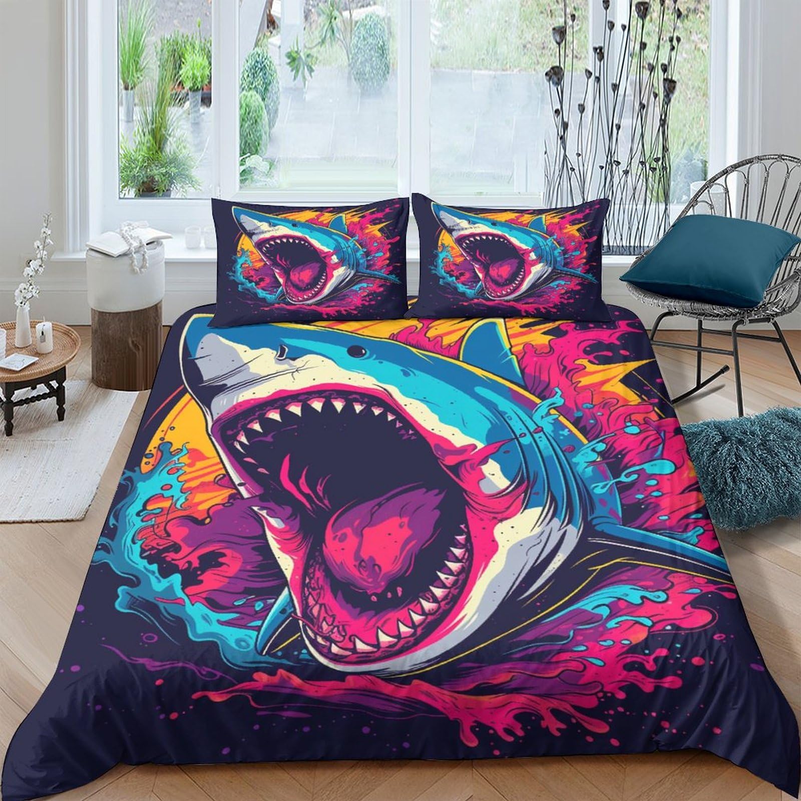 Housse de couette requin 3D hypoallergénique, lit 3 pièces doux pour adolescent