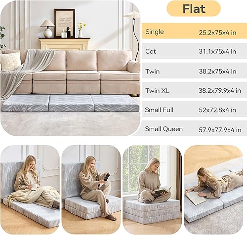 Miniatura 8 de BDEUS Colchón plegable de espuma viscoelástica de 4 pulgadas, tamaño individual con bolsa de almacenamiento portátil, cubrecolchón de triple