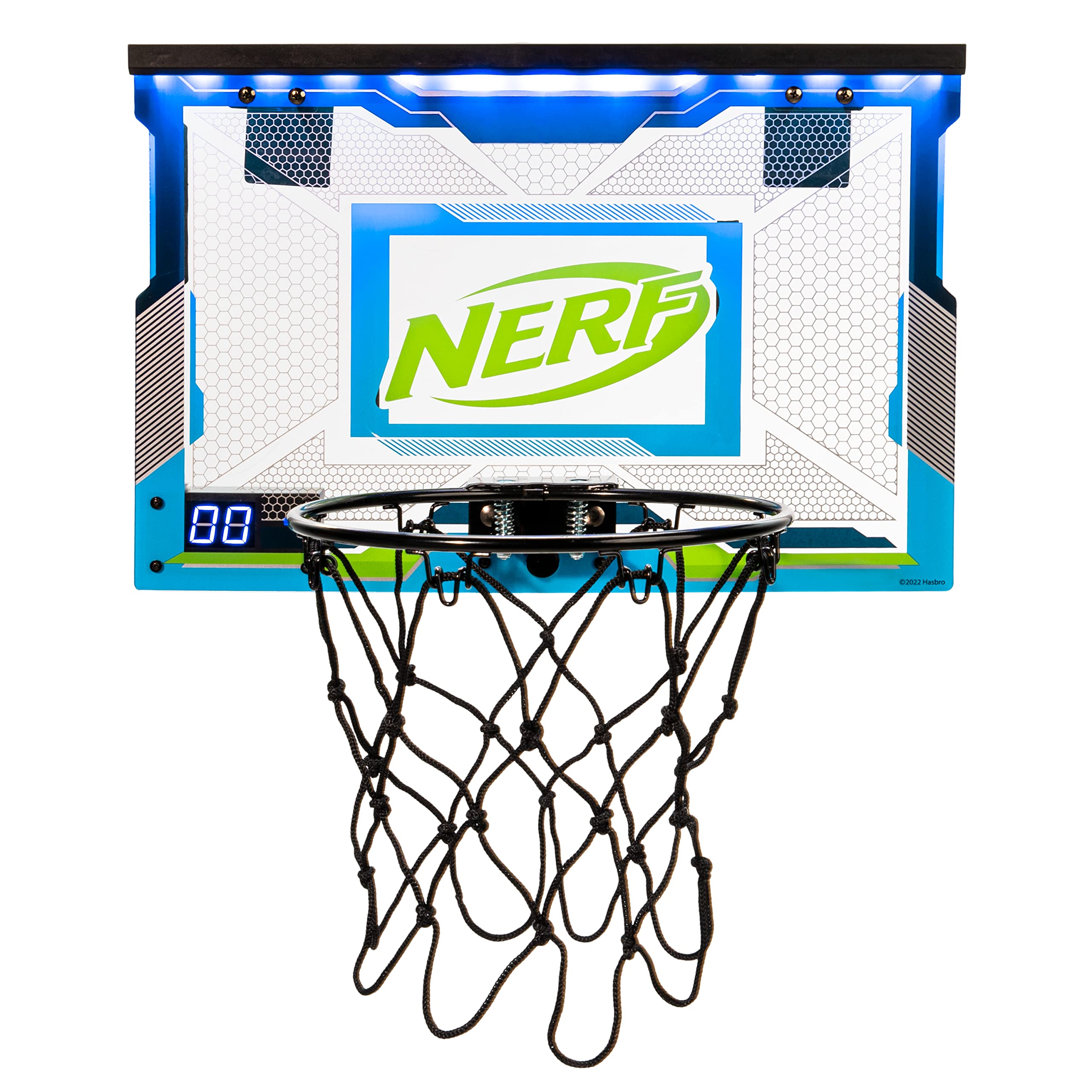 NERF Pro Hoop Set de Baloncesto con minicanasta LED de Puerta y minibalón, para Mates, Canasta de Baloncesto Infantil iluminada, para Dormitorio e Interiores, electrónica