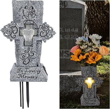 HUYIENO Solar Cemetery Vase with LED for Fresh/Artificial Flowers Grave Flower Cross Vase Headstones Vases with Spikes Gravestone Decor Memorial Gifts for Loss of Loved One