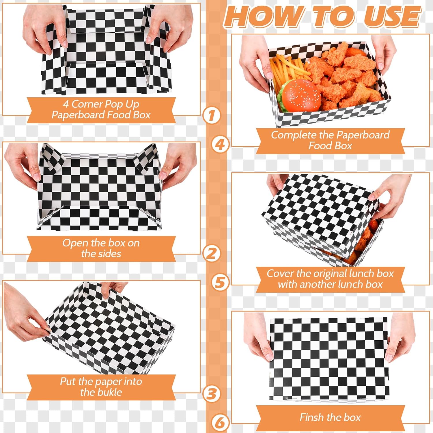 Norme 100 Pack Black and White Checkered Food Trays, Large Disposable Cardboard Paper Trays for Hot Dogs, Popcorn, Nachos and Snacks, Race Car Party Serving Tray, 10.24 x 7.09 x 2.36 Inch