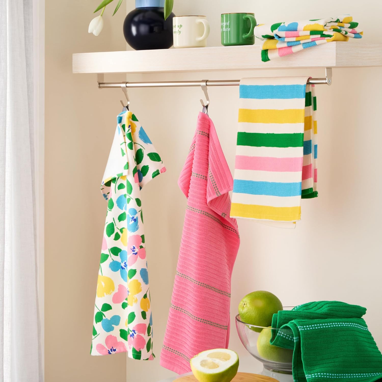 kate spade new york Painterly Bouquet & Bold Painterly Stripe Kitchen Towels 6-Pack Set, Absorbent 100% Cotton, Pink/Green/Blue, 17"X28"