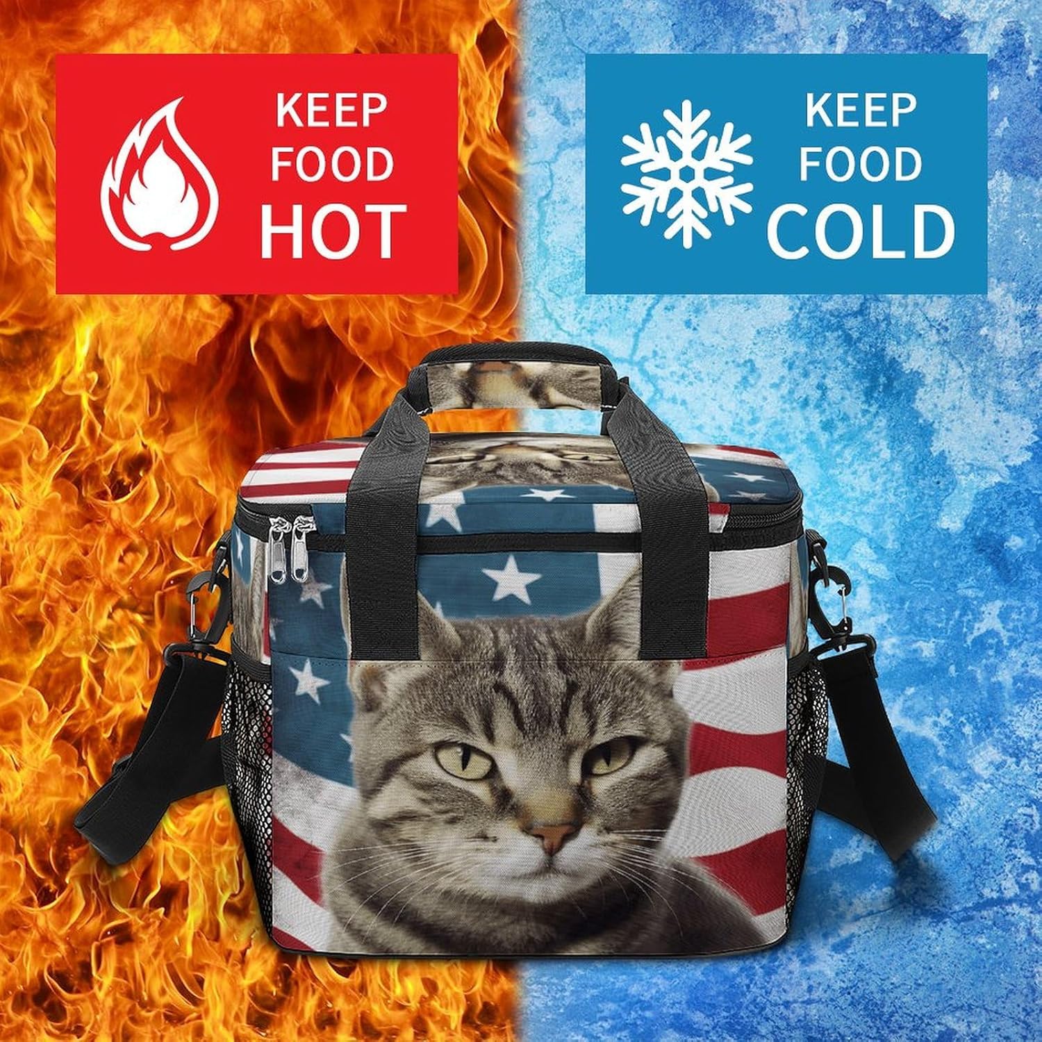 Camping Ice Pack, American Cat USA Flag Print Cooler Bag, 22.5L Large Capacity Insulated Lunch Tote Bag for Outdoor, Picnic, BBQ, Travel, Work