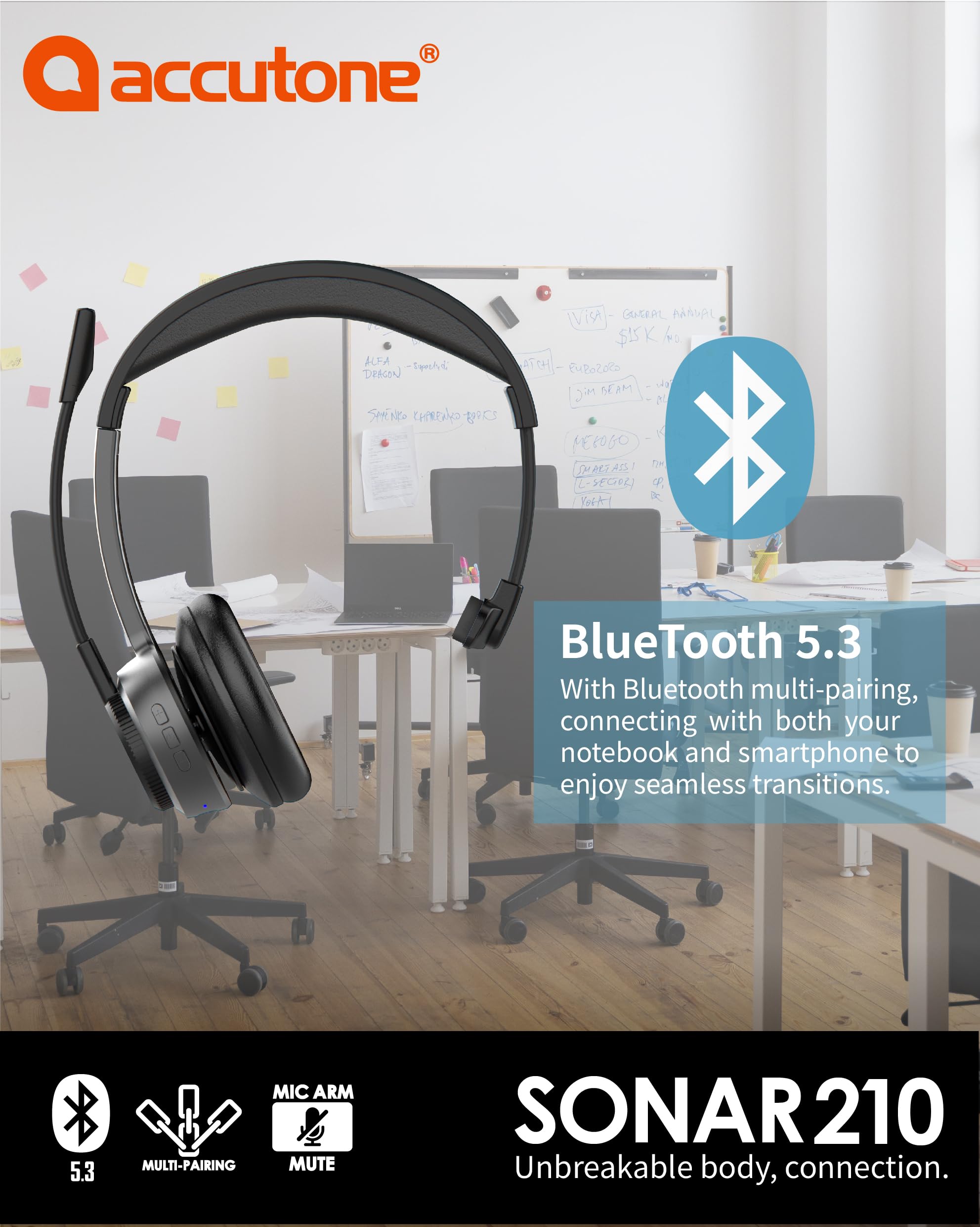 ACCUTONE Sonar 210 Mono Casque Bluetooth avec micro NC, batterie longue durée pour PC/Mac et téléphones portables, fonctionne avec MS Teams/Skype/Zoom