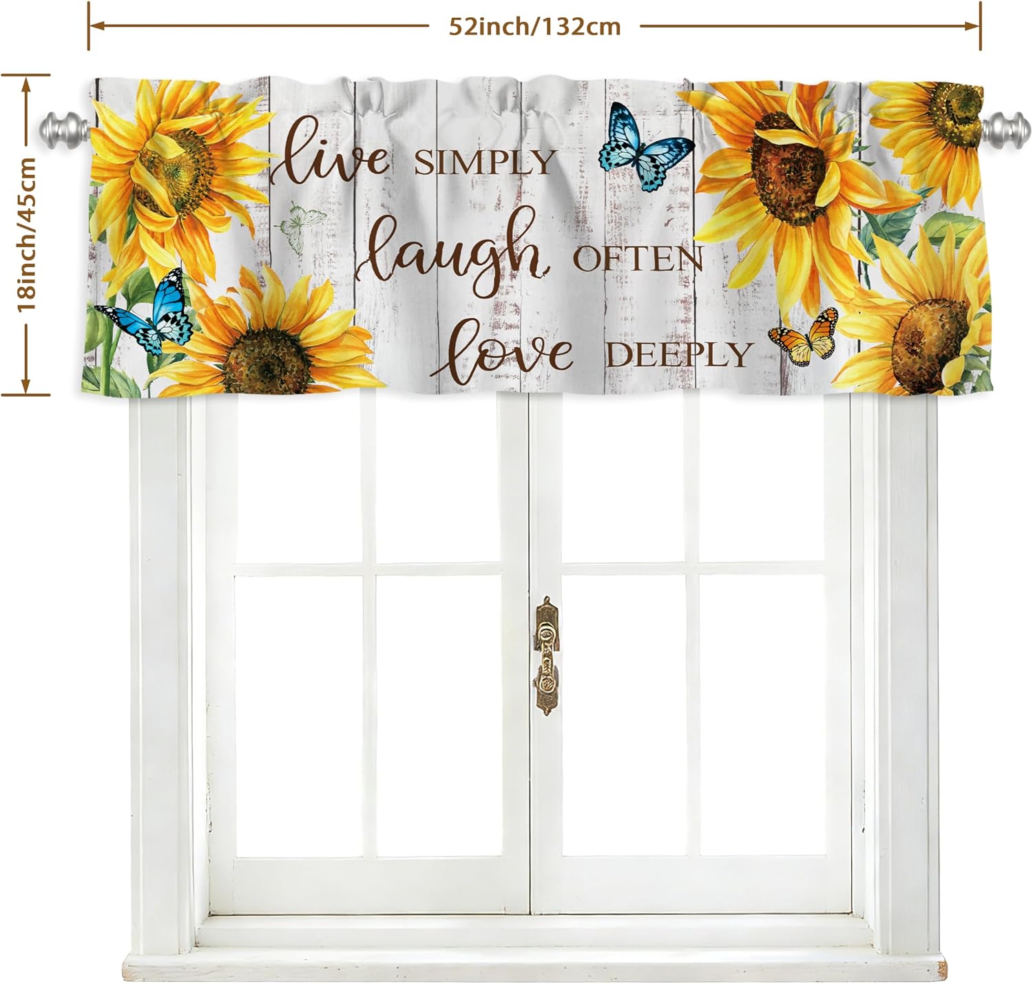 Sunflower Valance for Windows Spring Kitchen Valance 1 Panel Short Curtain with Rod Pocket Wood Grain Floral Window Treatments for Bedroom Living Room Bathroom 52 x 18 Inch