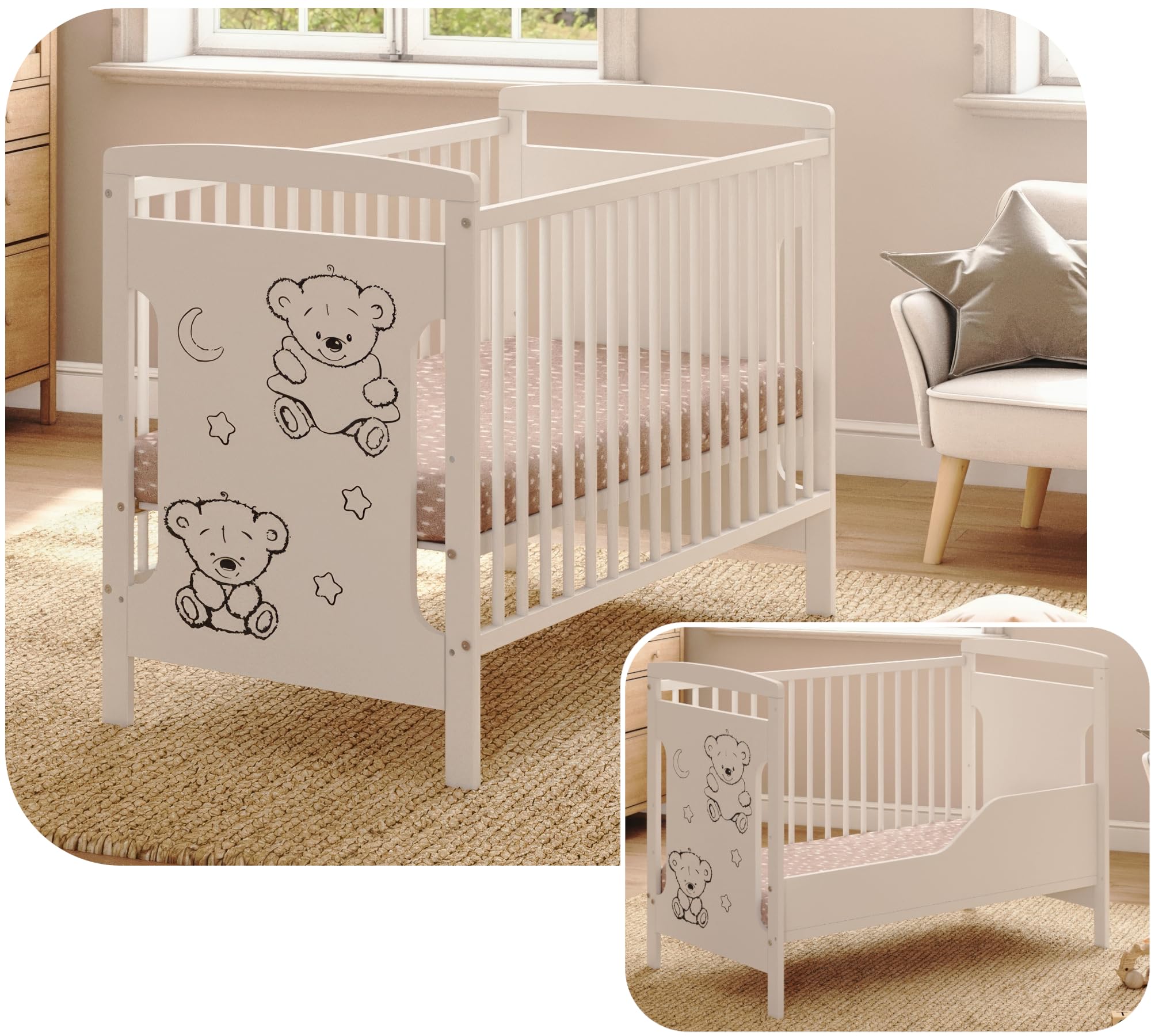 Lettino per bambini 60 x 120 cm Timber Nest in legno di pino, rete regolabile su 3 altezze, 3 sbarre rimovibili, sponda di trasformazione, senza materasso