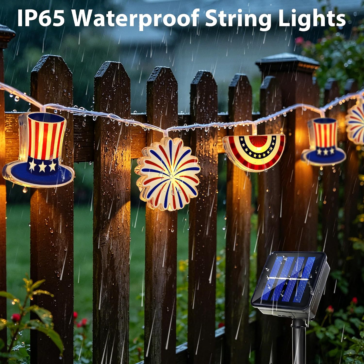 Tifeson Solar 4th of July Outdoor String Lights, 10Ft 20 LED USA Flag Bunting Firework Top Hat Patriotic Lights Waterproof Red Blue White Lights for Fourth of July Day Memorial Day Home Office Decor