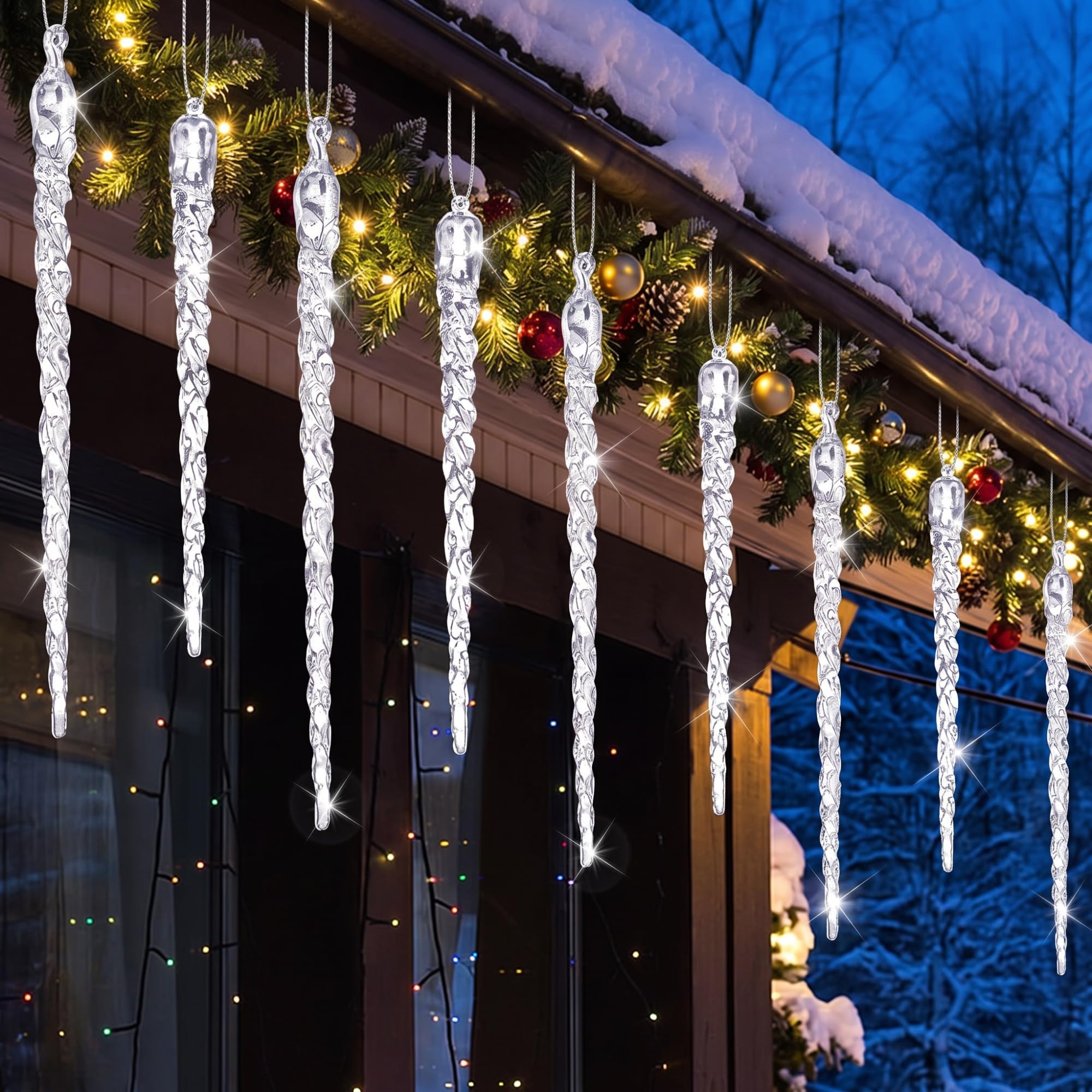 Jenaai 12 Pcs Extra Large Icicle Ornaments 10-12 Inch Acrylic Christmas Tree Crystal Decorations Hanging Twisted Clear Icicle Drop Ornaments for Xmas Holiday New Year Home Decor