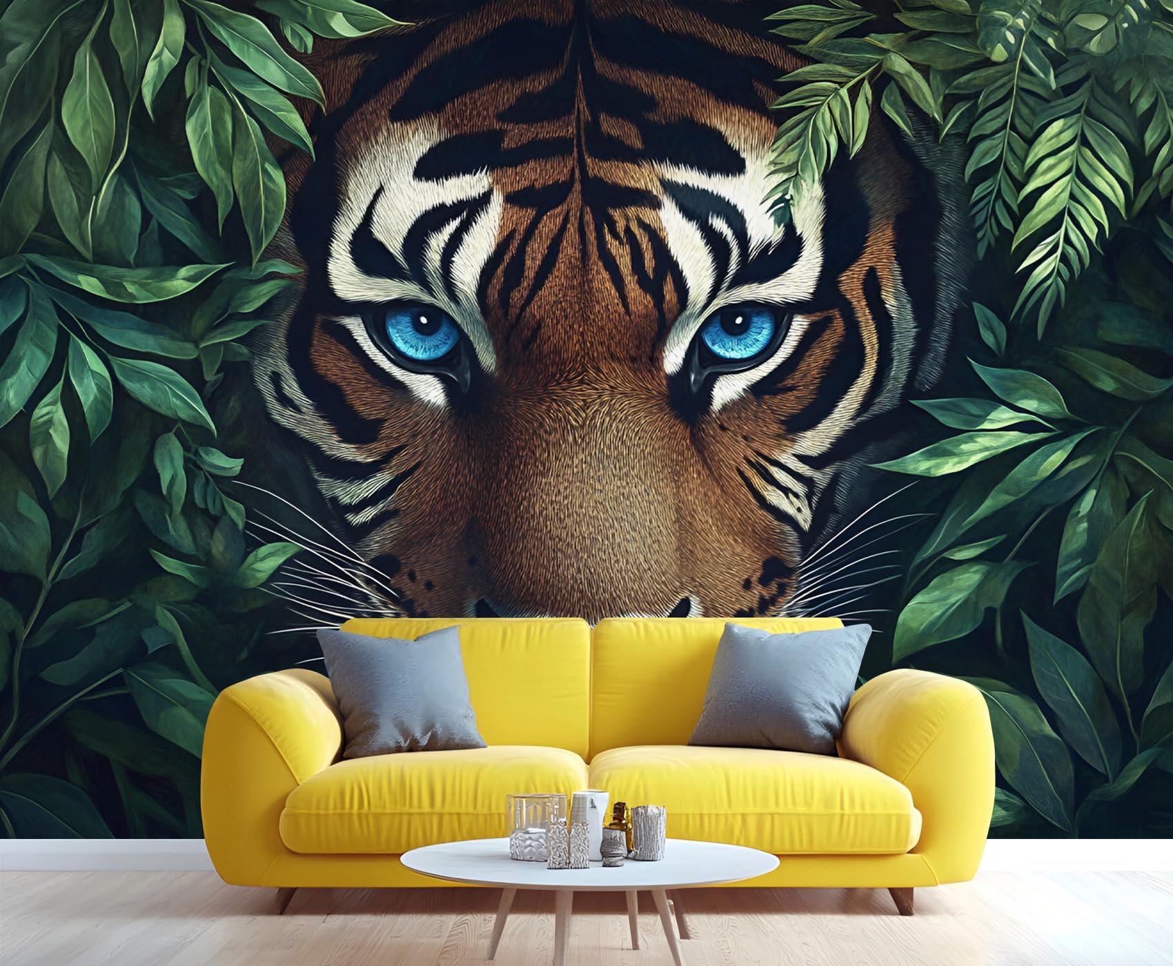 YXQAIED Tiger Wallpaper, Animals Bedroom Wallpaper, Tropical Jungle Wallpapers for Living Room, Not Self Adhesive Retro Green Leaf Photo 3D Wall Murals & Room Decor, 390x260cm — image 1
