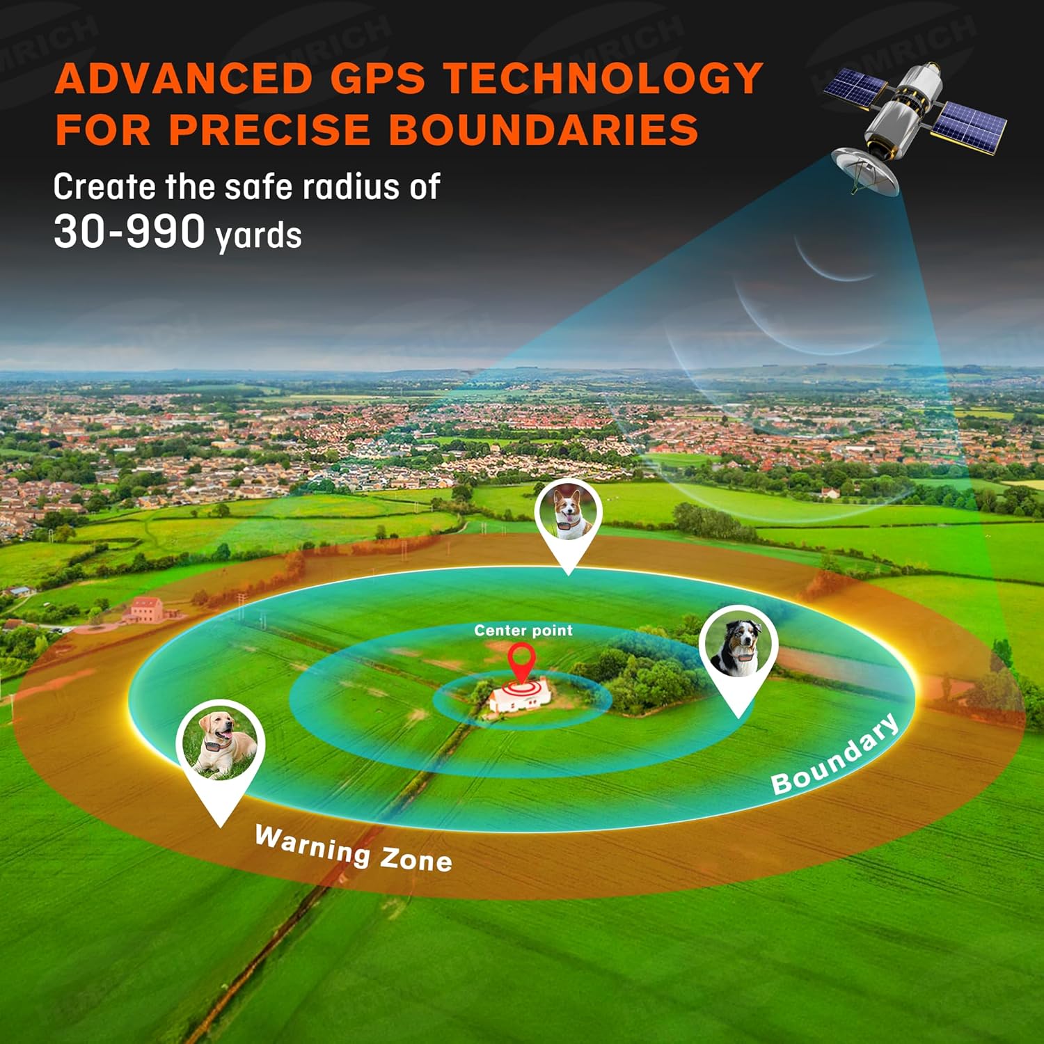 Homrich 2 in1 GPS Wireless Dog Fence, Electric Dog Fence, IPX7 Waterproof Pet Containment System with 3 Training Modes Invisible Fence with 2 Replacement Collars for Dogs Over 8 Lbs Outdoor Use