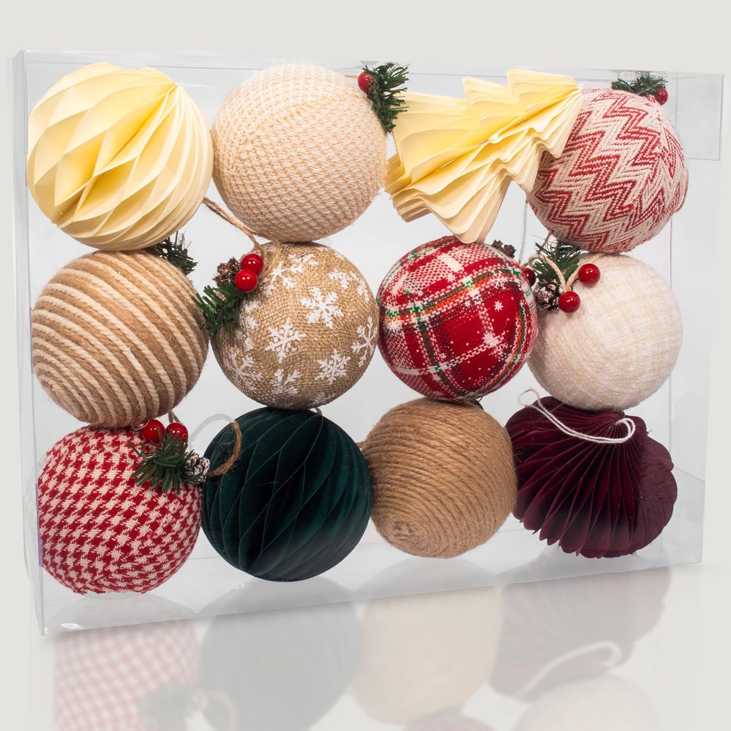12PCS Rustic Christmas Ornaments Set, 8 Burlap Balls & 4 Paper Honeycomb Ornaments, 3.15" Farmhouse Vintage Holiday Tree Decorations