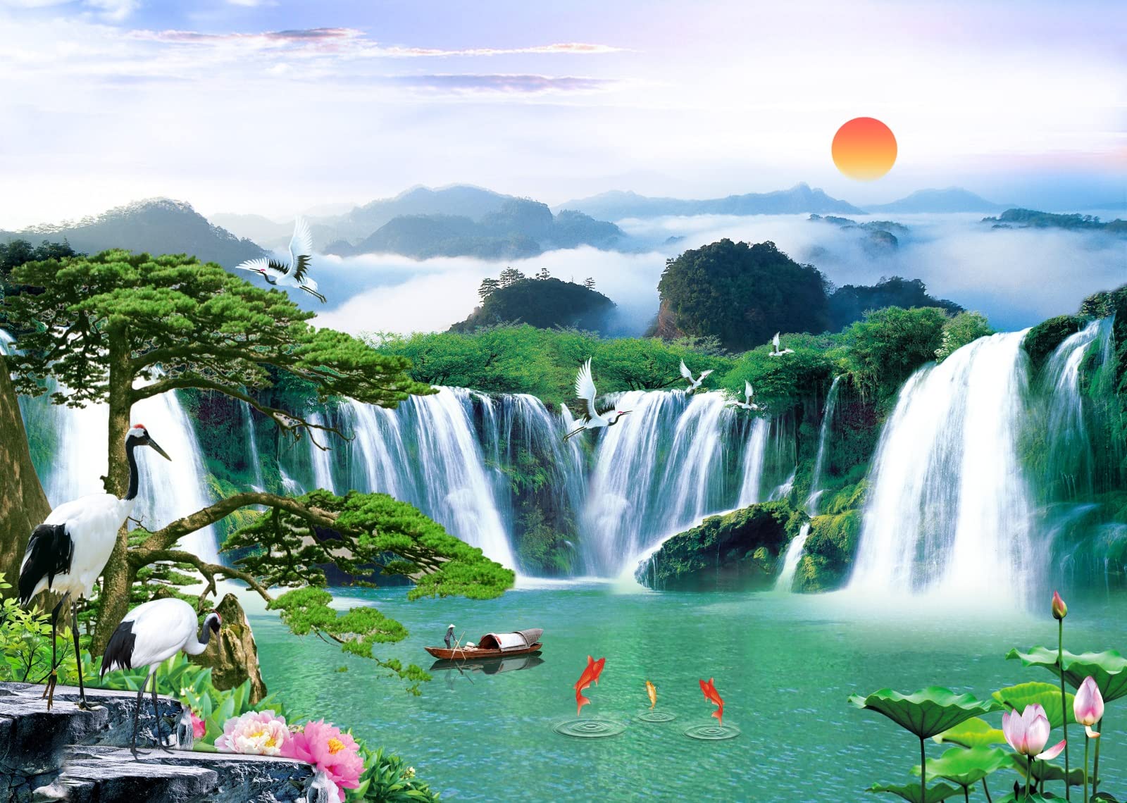 BELECO 7x5ft Fabric Wonderland Mountain Lake Photography Backdrop Waterfalls Backdrop Green Lake Lotus Crane Mountains Natural Landscape Background