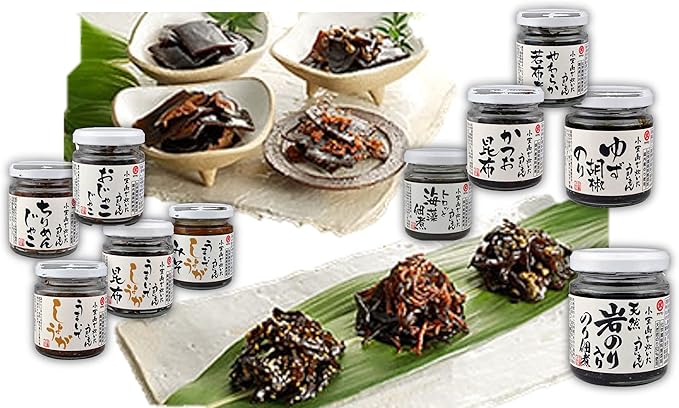 Amazon 佃煮 小豆島伝統の醤油で炊いた 昆布 わかめ ちりめん ジャコ しょうが みそ ゆず胡椒 岩のり 海苔 かつお節 瓶詰め 食べ比べ１０種セット 各３８ １１０ｇ ギフト 代々木フードマート のり 海藻の佃煮 通販