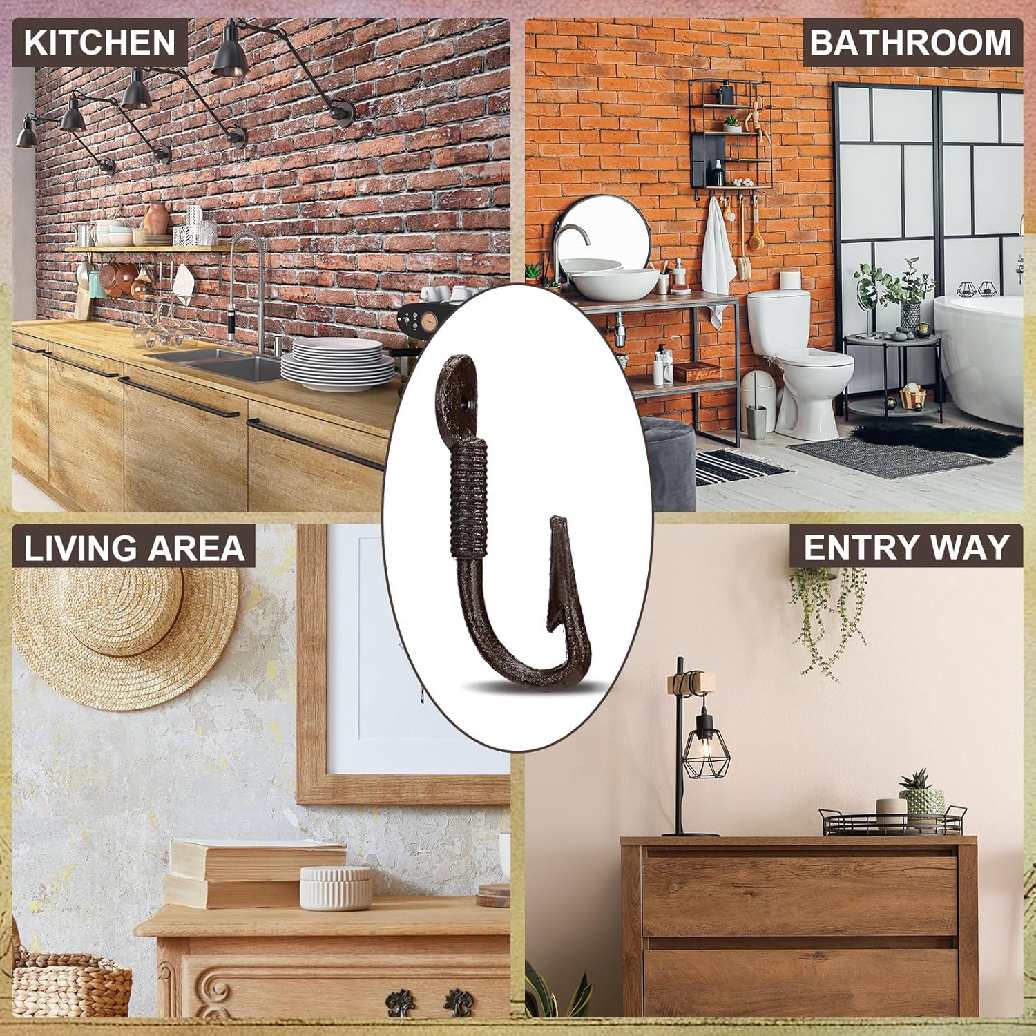 Duraaamo 6 Pcs Realistic Fish Hooks for Hats Solid Cast Iron Rustic Brown Fish Hook Wall Mount 4.5" x 2" Coastal Themed Wall Hangers for Coats Bags Keys