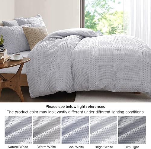 Miniatura 6 de PHF Juego de funda de edredón 100% algodón de punto gofre, tamaño matrimonial, 3 piezas, suave, transpirable, para todas las estaciones, funda de