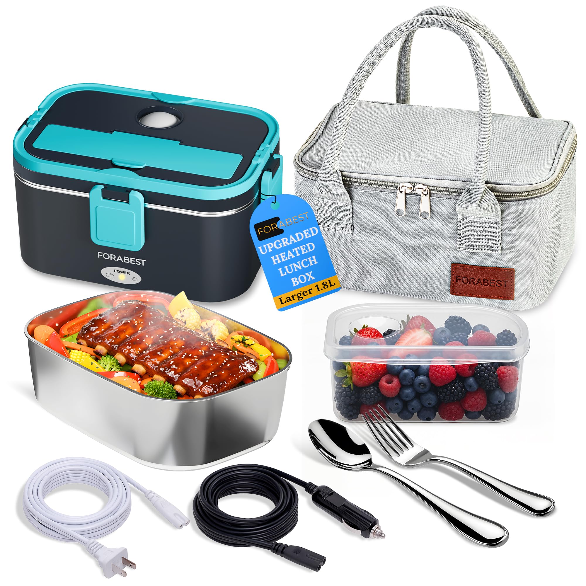 FORABEST Heated Lunch Box, 80W Electric Lunch Box for Adults, Portable Food Warmer with XL 1.8L Stainless Steel Container, Utensils, Carry Bag & Leakproof Lid, 12V/24V Car/Truck & 110/120V Home/Office