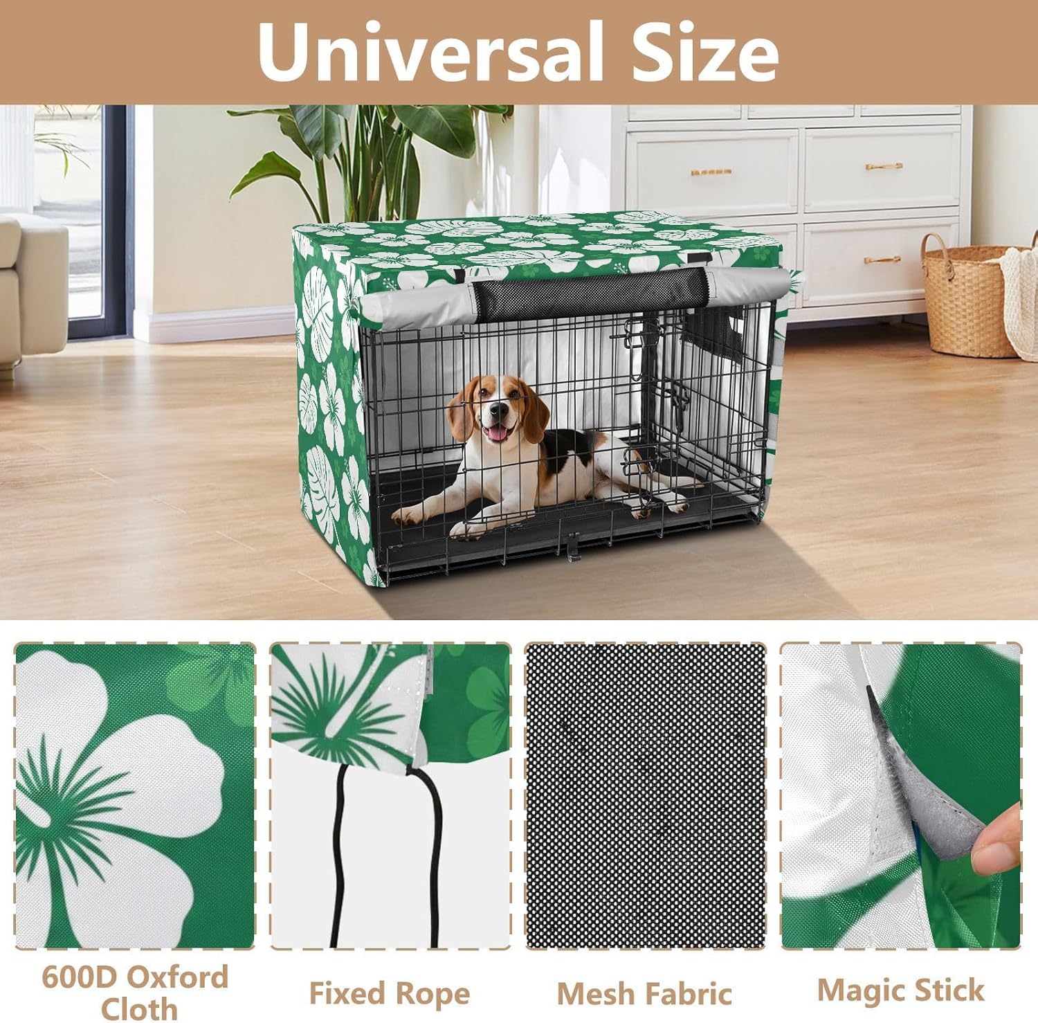 Duty 600D Silver Coated Dog Crate Cover, Water-Resistant Tropical Leaves Pet Kennel Canopy with Mesh Windows for Optimal Ventilation, Universal Fit for Standard Wire Cage, Indoor & Travel