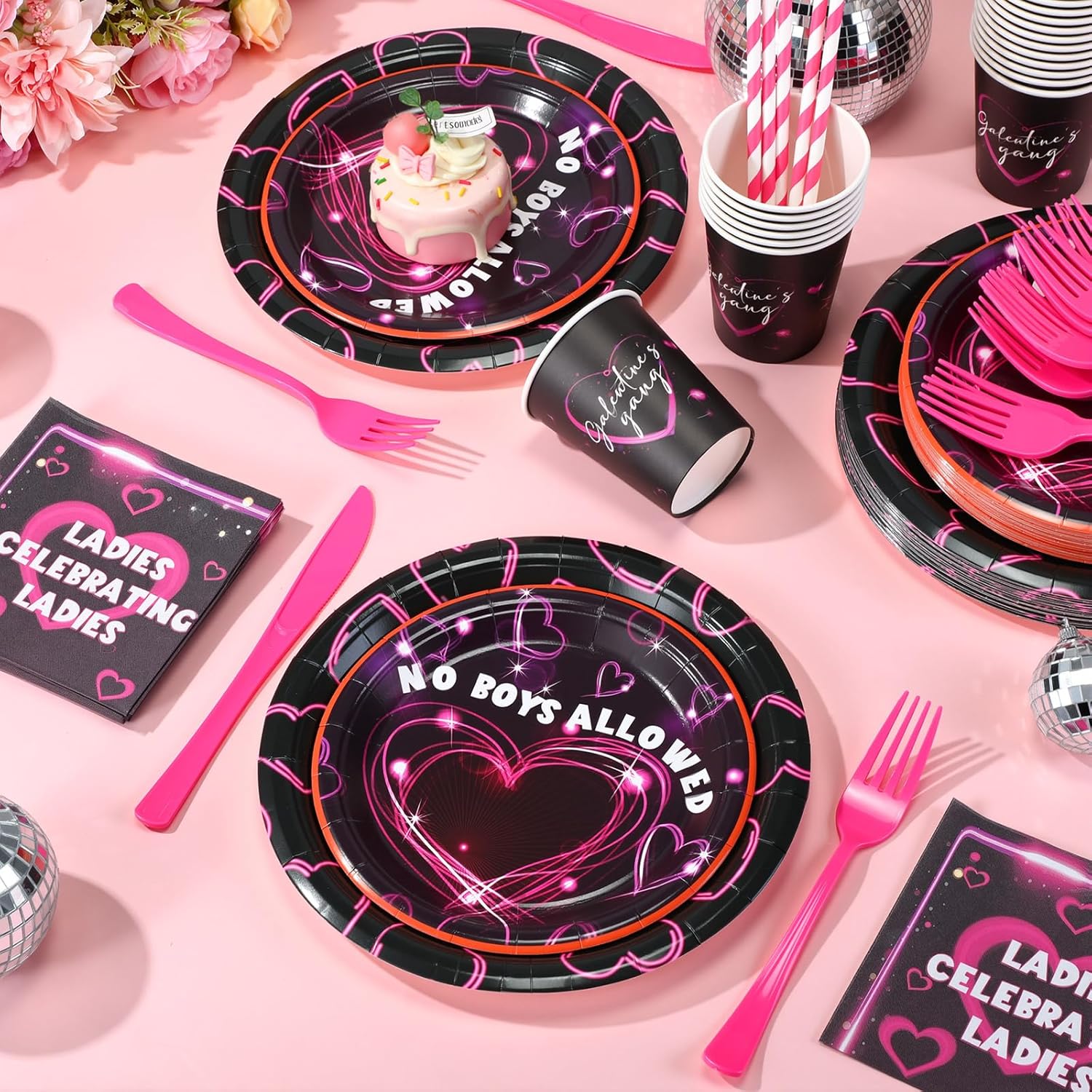 175 Pcs Galentine's Day Plates and Napkins Party Supplies Neon Heart Valentines Ladies Party Decorations Disposable Plates Cups Napkin Galentines Day Tableware Set Serves 25 Guests