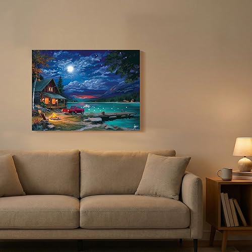 Miniatura 4 de Arte de pared LED de escena nocturna de cabaña de lago, 24 x 18 pulgadas, impresión en lienzo iluminado con temporizador, decoración de pared de