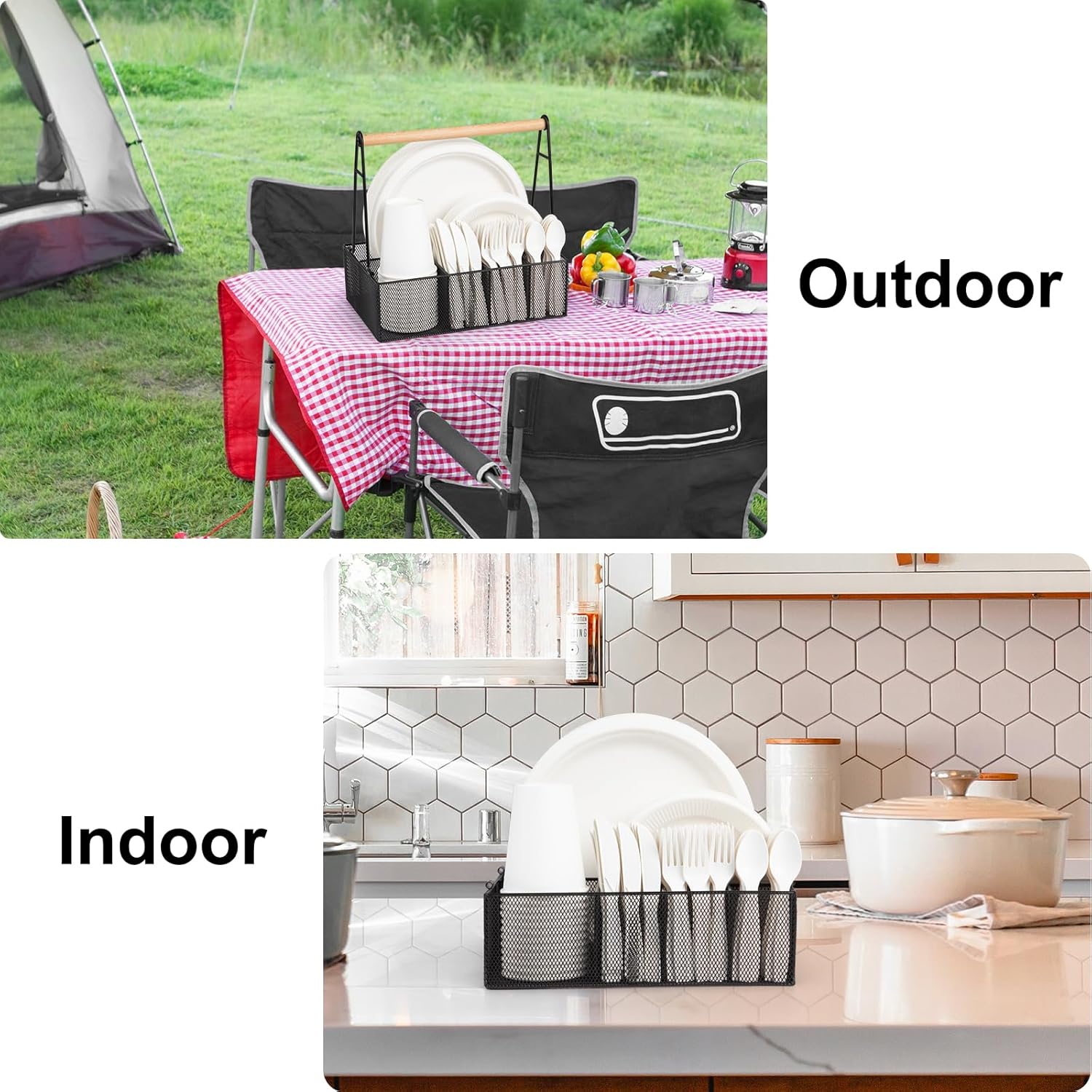 Paper Plate Organizer with Handle for Countertop, Metal Silverware Caddy for Cup, Napkin, Fork and Spoon, Paper Plate and Utensil Holder, Cutlery Caddy for Party, Camping, Picnic (Black)