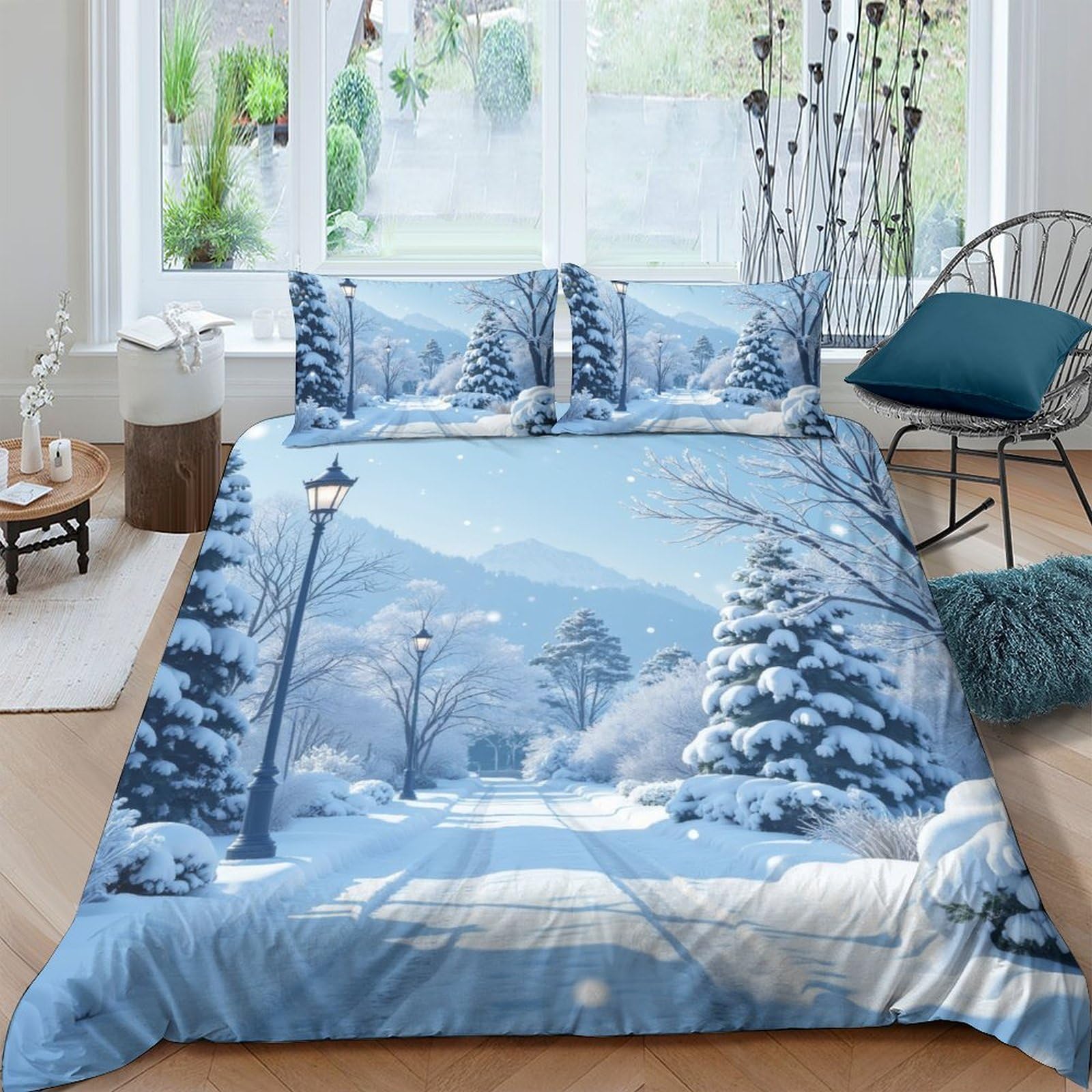 Ctjqhvkz Style-2 3D Printed Winter Snow Landscape Fitted Sheet Microfiber Soft Anti-Slip Bedroom Lodge Bed Cover Machine Washable Single（135X200cm）