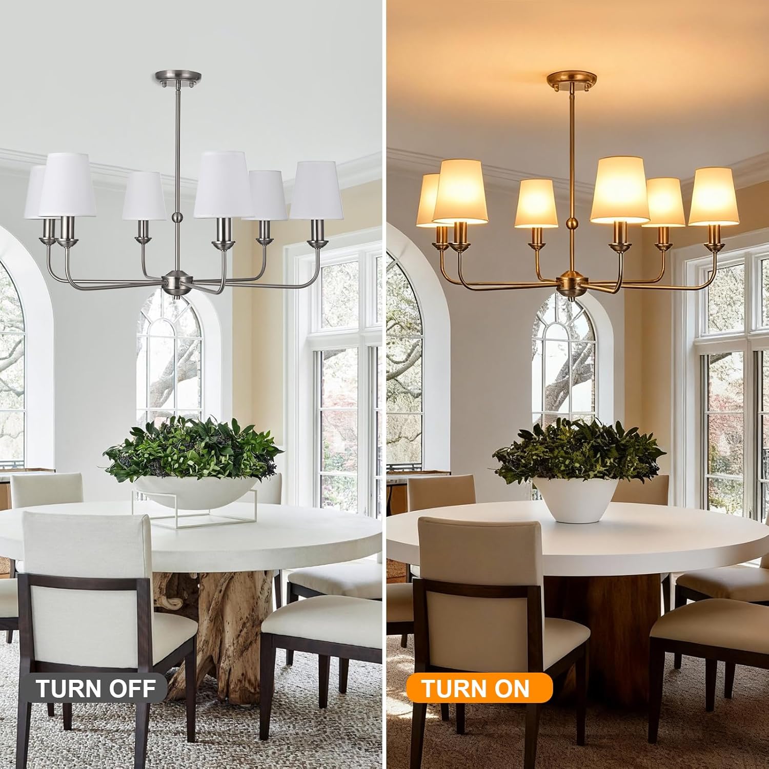 6-Light Brushed Nickel Chandelier for Dining Room, E12 Base Modern Dining Room Light Fixture with White Fabric Shades, Adjustable Swivel Head Farmhouse Chandelier Light for Kitchen & Living Room