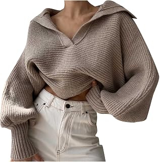 Fall Sweaters for Women Fashion Lapel V Neck Long Sleeve Knit Pullover Sweater Casual Loose Solid Oversized Crop Tops