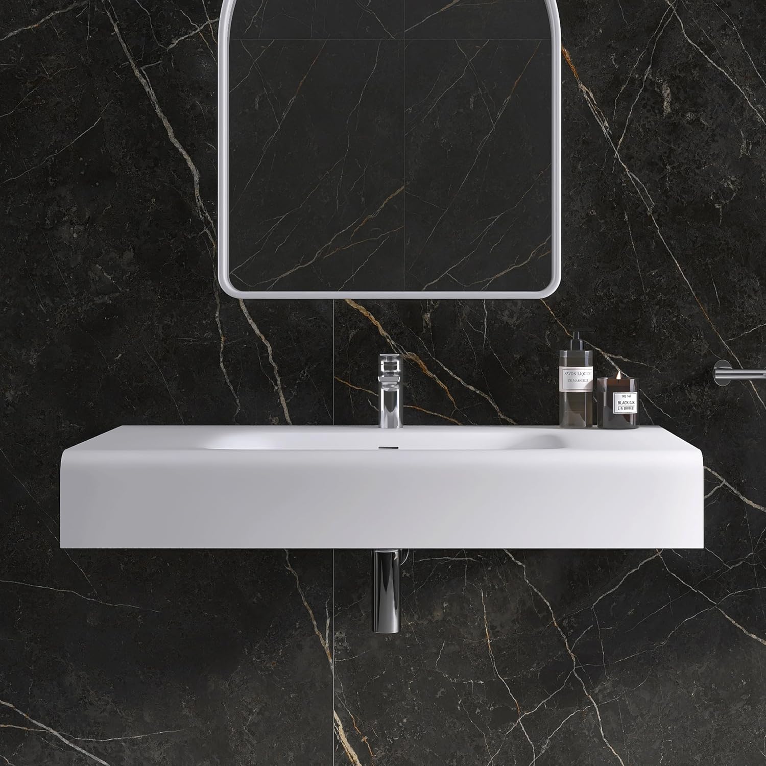 39"x22" Wall-Mounted Stone Resin Rectangular Vessel Sink, Modern Floating Bathroom Sink for Vanity, Art Basin Trough, Durable and Stylish Bathroom Sink for Modern Homes
