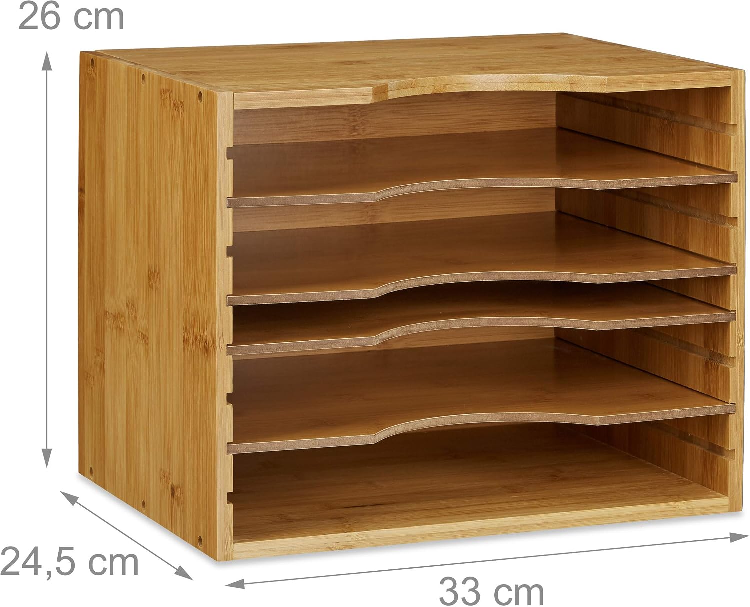 Relaxdays Bamboo File Holder, Size: 26.5 x 33.5 x 24.5 cm Storage System Desk Organizer Document Sorter with 4 Shelves Paper Organiser Made of Wood for Letters and Files, Natural Brown