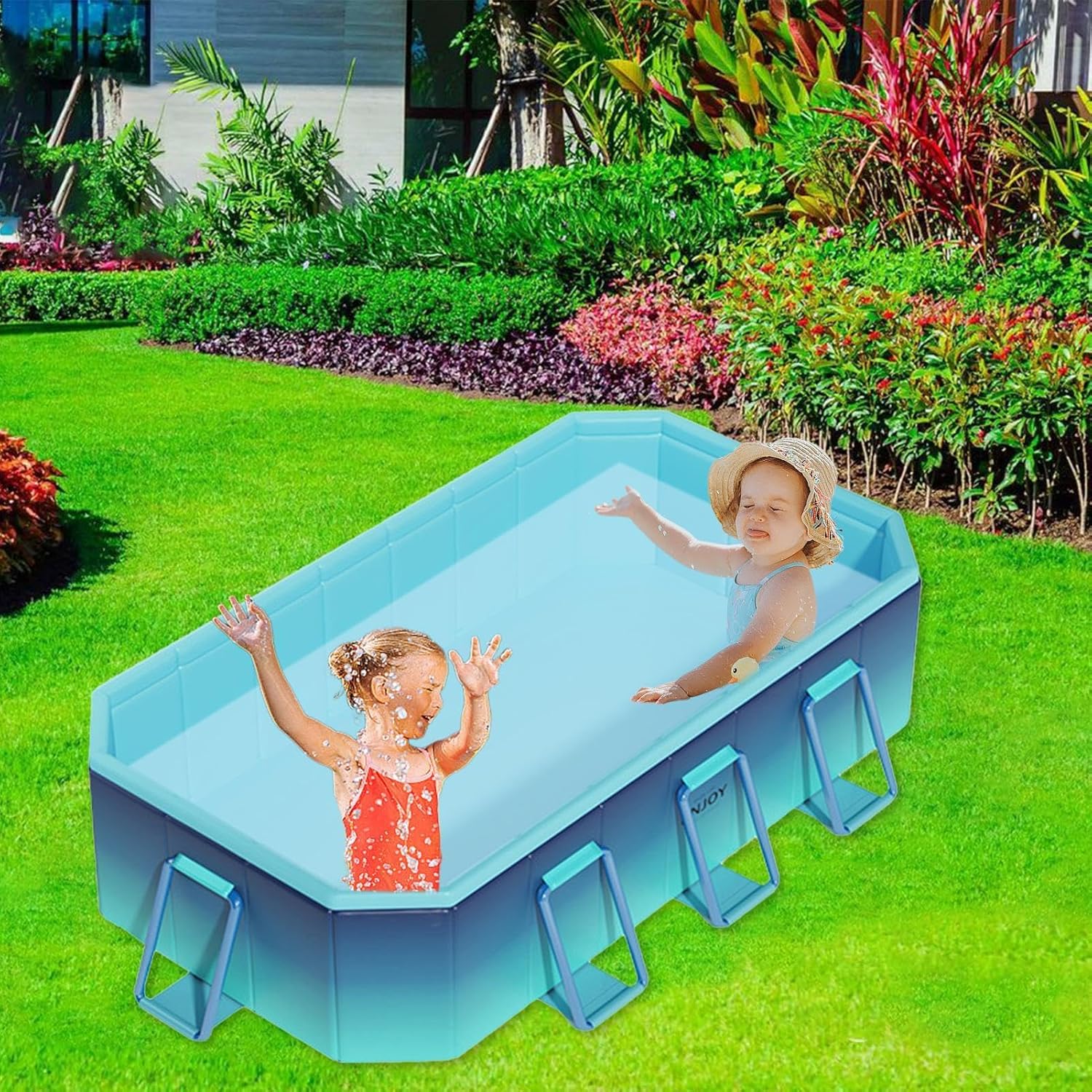 Portable Swimming Pool, Easy Setup Kids Pool, Pet-Friendly Foldable Pool, Non-Slip backyard Wading Pool with ladle, Non-Inflatable Summer Water Play Tub for Outdoor, 3 meters