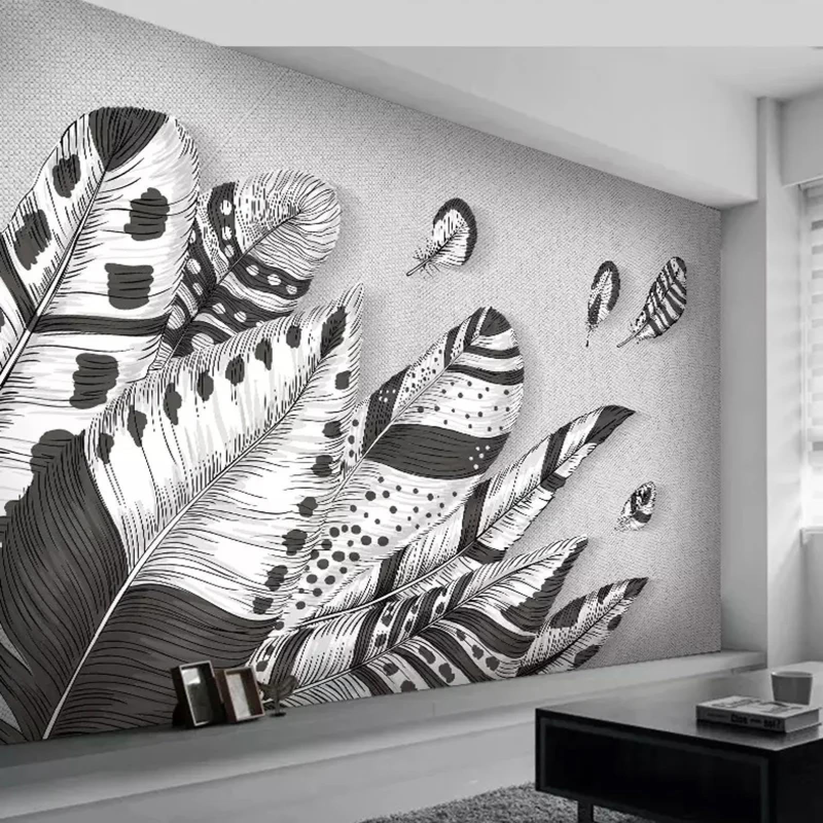 Carta da parati astratta moderna piuma nera grigia 3D adatta per camera da letto soggiorno TV sfondo muro studio wall art