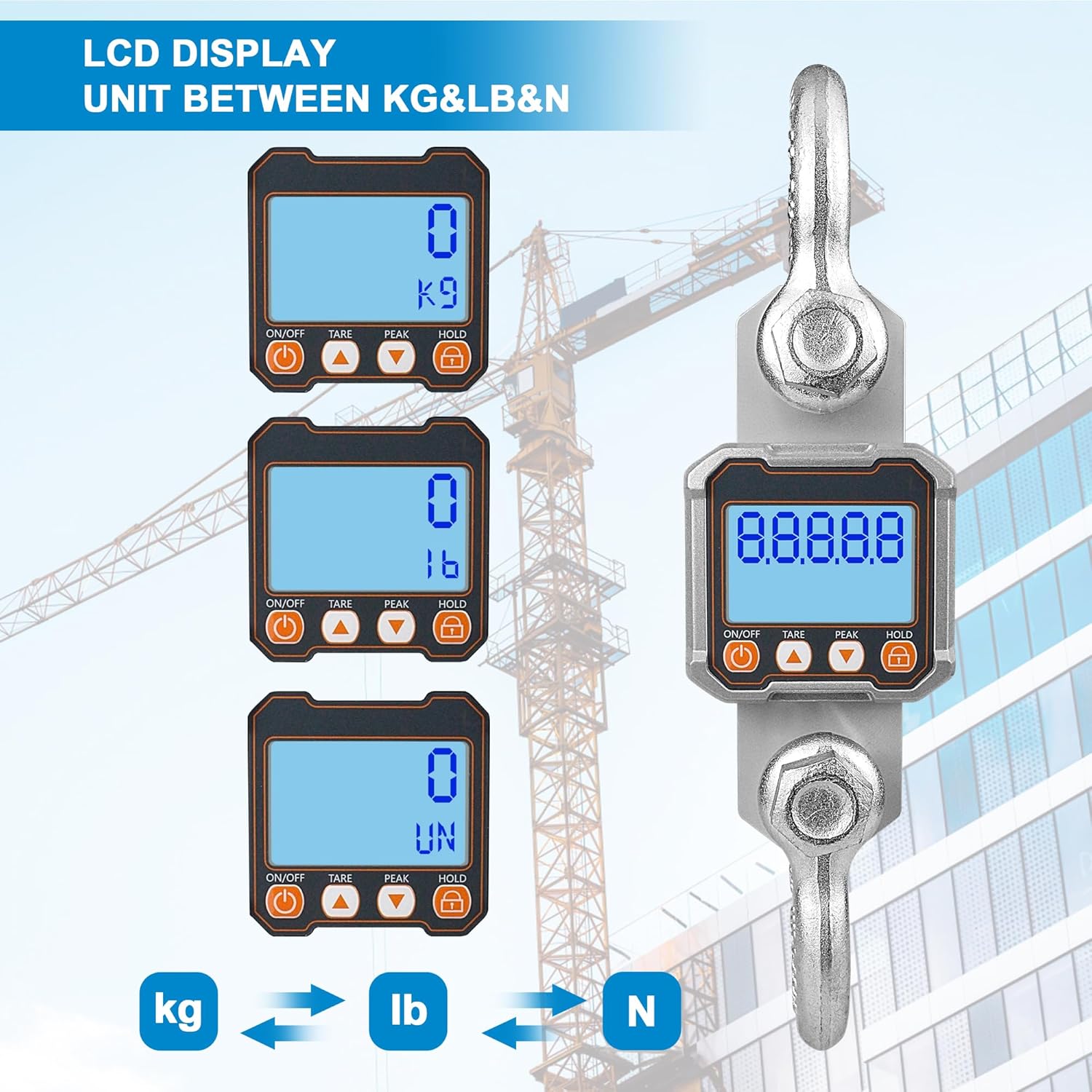 LCD display showing unit switching between kg, lb, and N