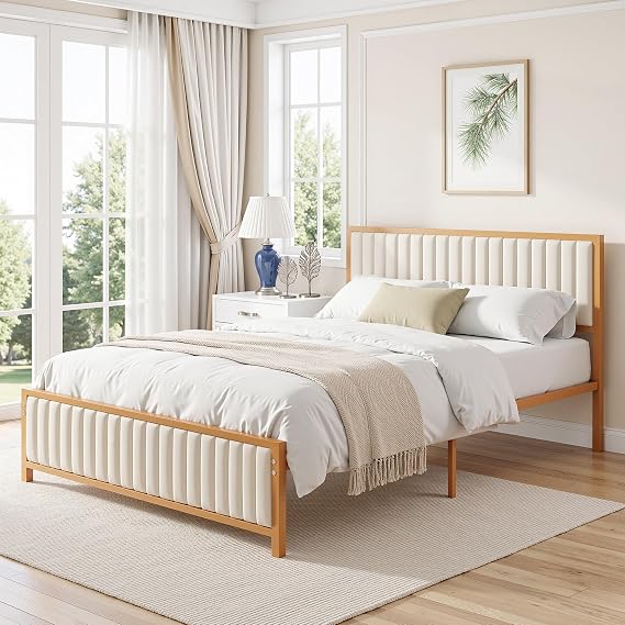 VECELO Queen Size Bed Frame, Beige