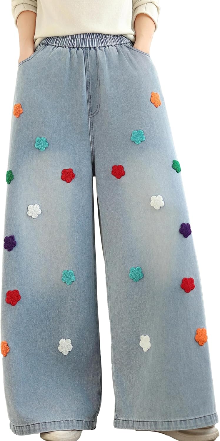 Women's Jeans Elastic High Waist Baggy Wide Leg Denim Loose Fit Pants with Pockets