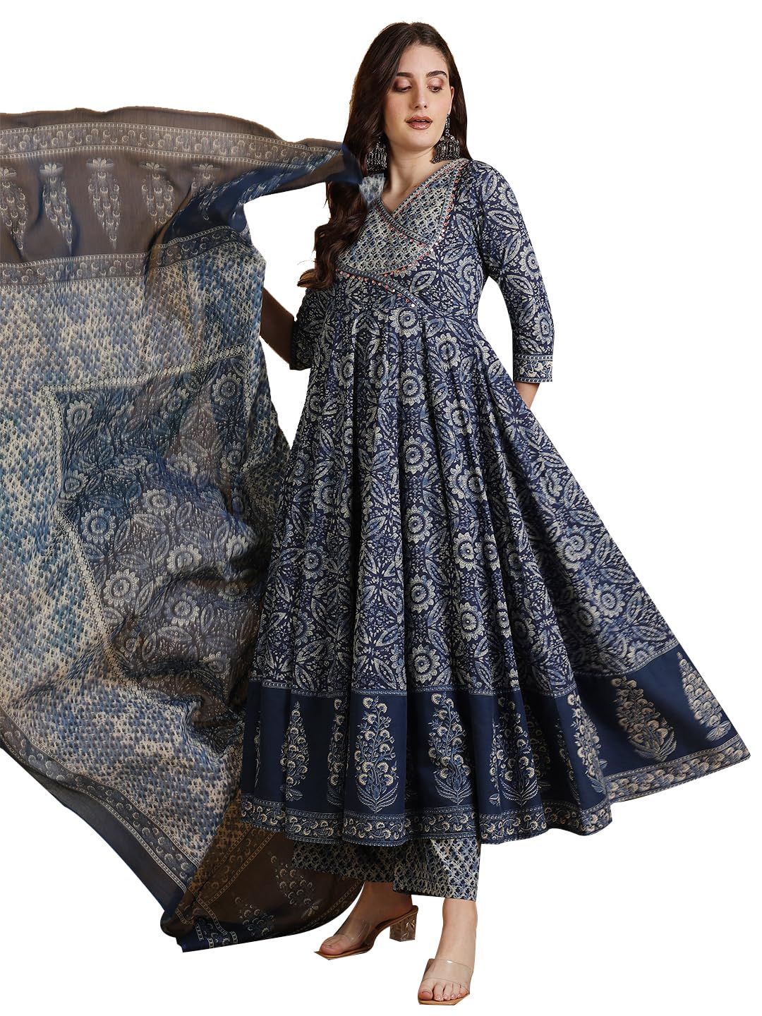gulmohar jaipur Women's Cotton Calf Length Printed Flared Kurta Suit Set-picture-16