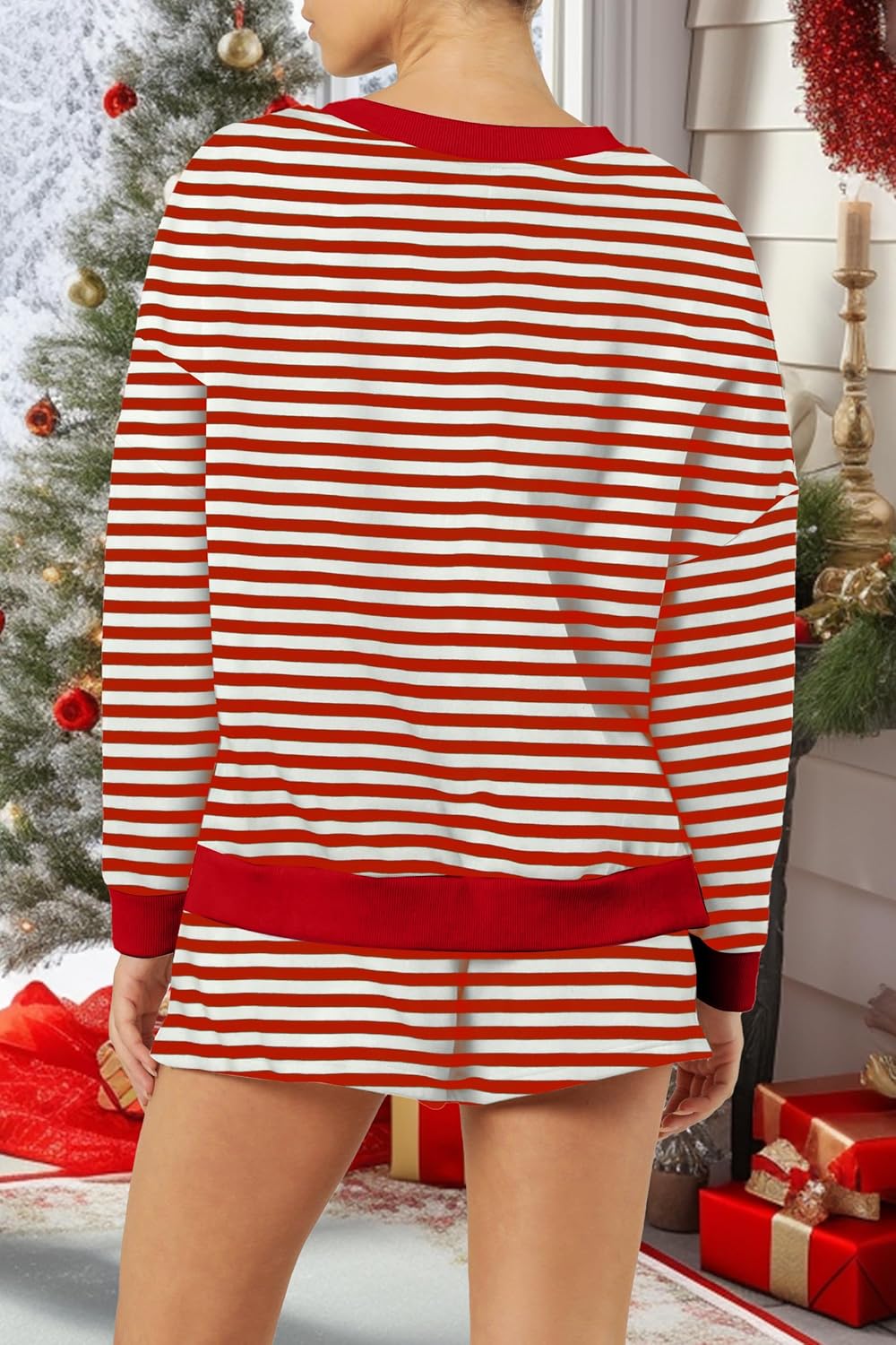 LUKYCILD Women Striped Christmas Sets V Neck Lounge Short Set Matching Sweatsuit with Pockets Casual Xmas Pjs 2 Piece Outfits - Image 5