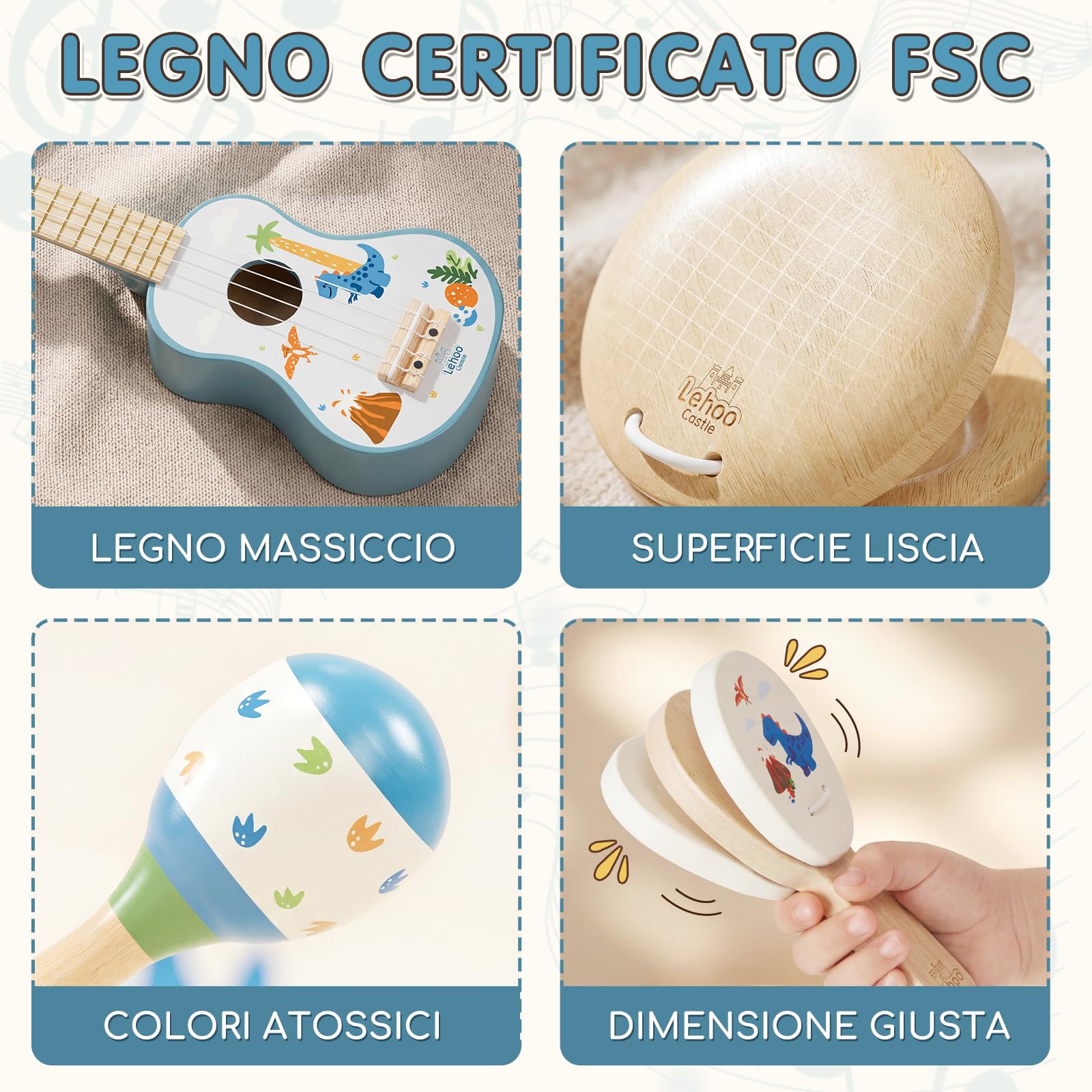 Lehoo Castle Chitarra per Bambini, 7 Strumenti Musicali Montessori Giochi, con ukulele, Tamburello, Flauto, Maracas, Giocattoli in Legno, Giocattoli Didattici, Regalo per bambini di 1, 2, 3 anni