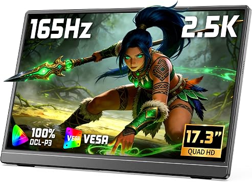 VILVA Portable-Monitor-for-Laptop 17.3 2.5K QHD 165Hz Gaming Display, Ultra-Slim Metal Body, Built-in Stand, USB-C HDMI External Monitor for Laptop, PC, PS5, Xbox, Switch