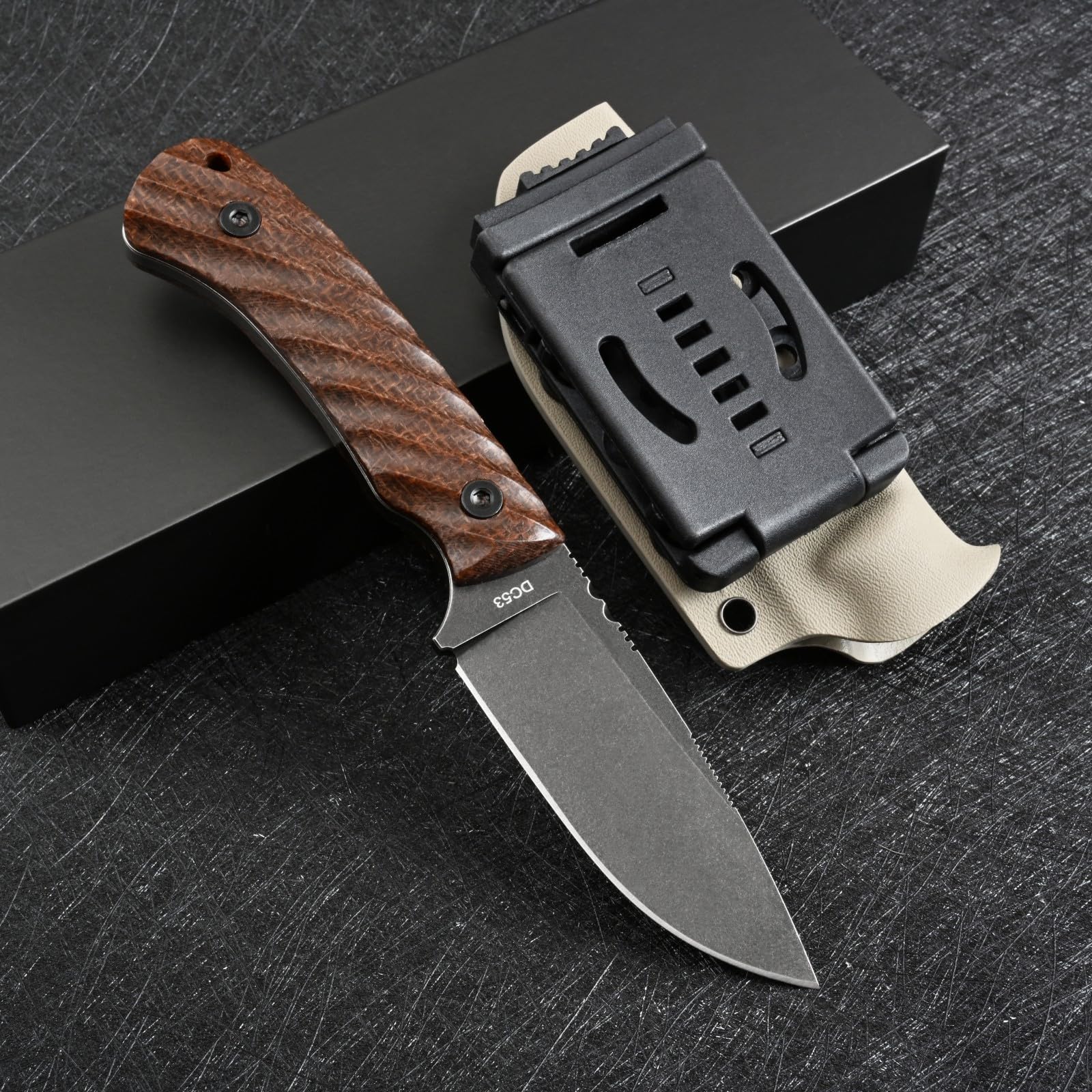 DC53 Stahl messer Feststehende Klinge Micarta Griff mit Kydex Scheide für Männer Outdoor Camping EDC Survival Jagdmesser (Schwarz + rutschfester Micarta Griff)
