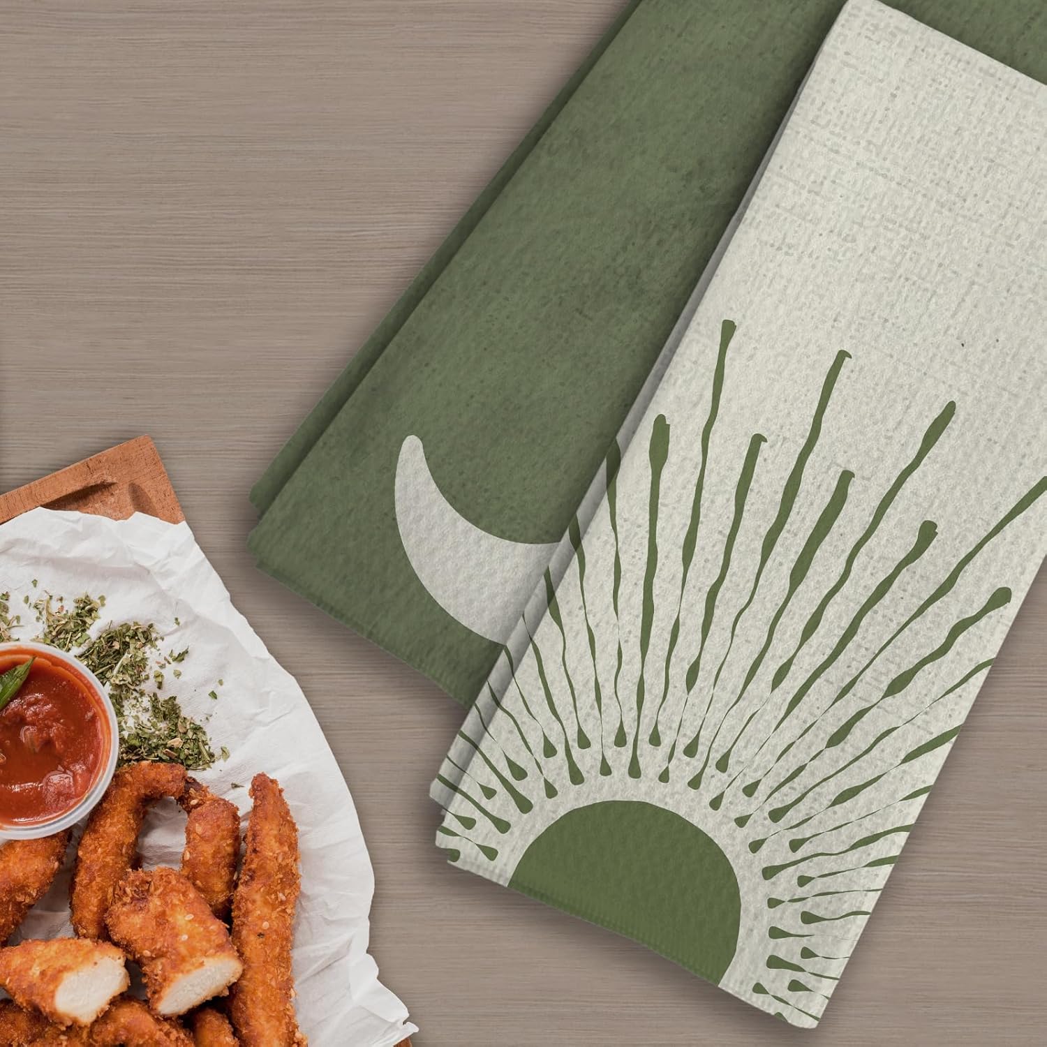 Boho Sun and MoonKitchen Towels, Modern Green Moon Sunrise Kitchen Towels Decorative Set of 2, Boho Lover Gifts, Bohemian Bathroom Decor Hand Dish Tea Towel for Kitchen 16X24In