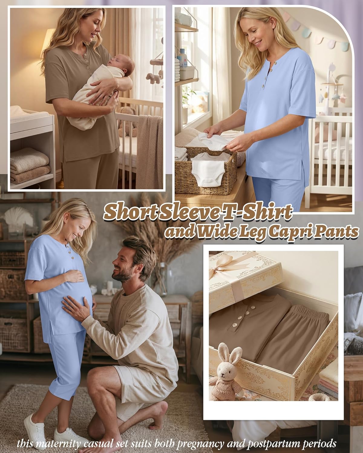 2 Pack Maternity Outfits, Pregnancy Postpartum Pajama Lounge Set Short Sleeve Top Capri Pants Soft Summer Sleepwear(Khaki, Light Blue,Medium)
