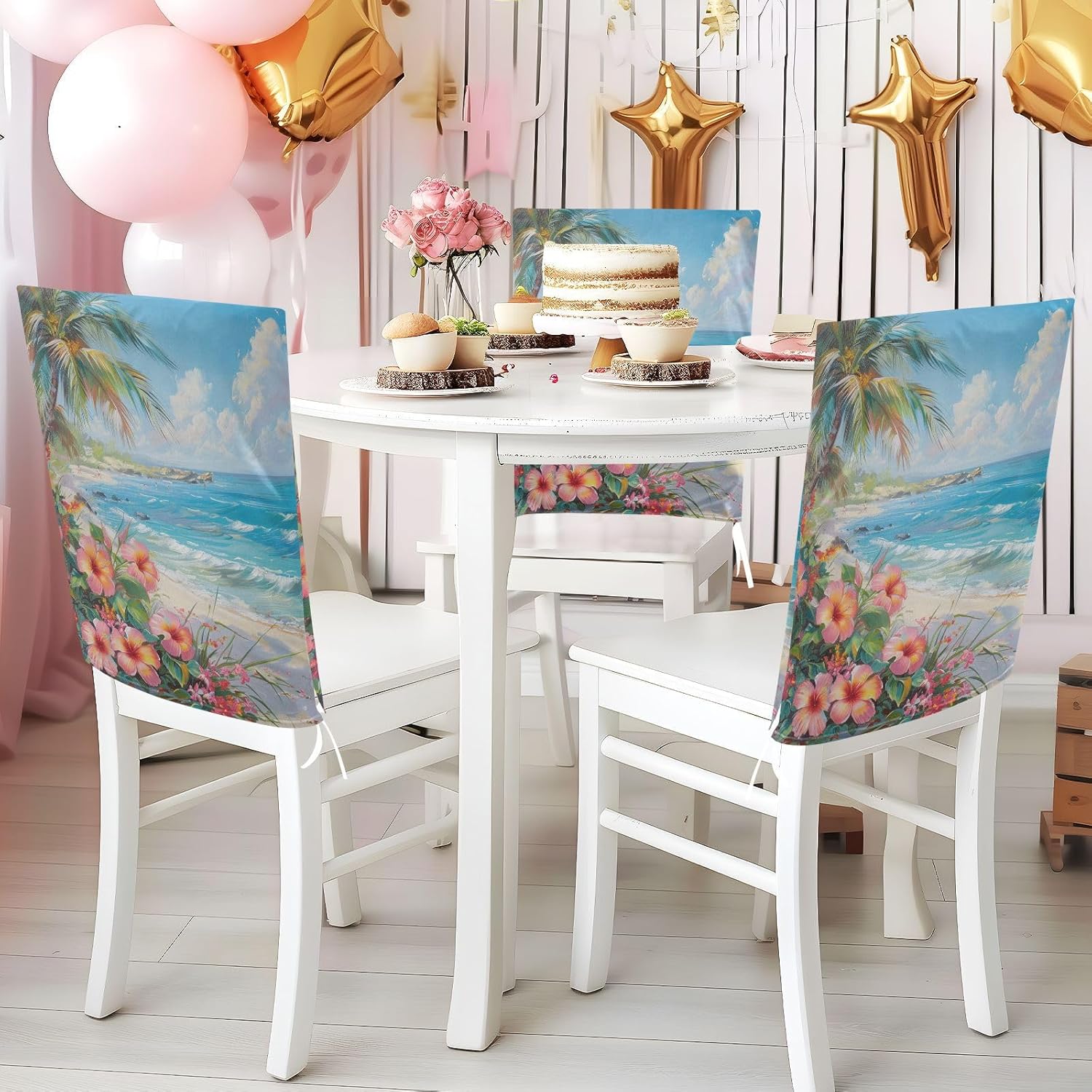 ALAZA Tropical Flowers on The Summer Beach Chair Back Cover Set of 6, Washable Reusable Removable Chair Slipcovers Decorative Chair Cover for Home Kitchen Wedding Party