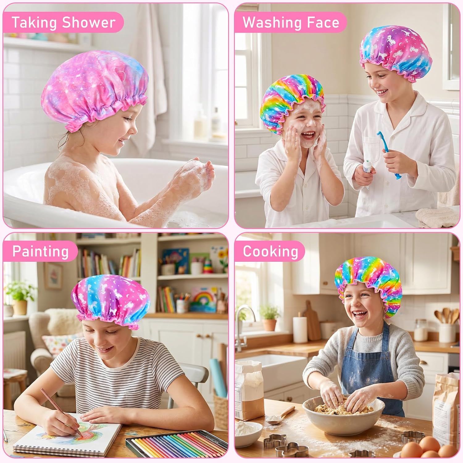 Olypegic Kids Shower Cap, 3 Pcs Girls Shower Cap for Kids Reusable Waterproof Adjustable Large Hair Cap Unicorn Mermaid Rainbow Cute Hair Cover Hat