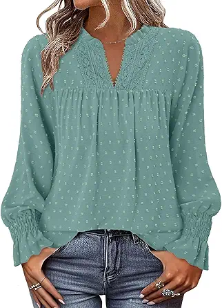 BETTE BOUTIK Women Boho Long Sleeve Shirts Dressy Casual V Neck Fall Fashion Tops Swiss Dot Flowy Blouses