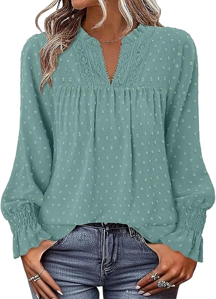 BETTE BOUTIK Women Boho Long Sleeve Shirts Dressy Casual V Neck Fall Fashion Tops Swiss Dot Flowy Blouses