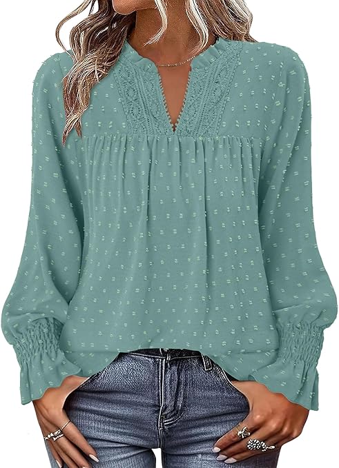 BETTE BOUTIK Women Boho Long Sleeve Shirts Dressy Casual V Neck Fall Fashion Tops Swiss Dot Flowy Blouses