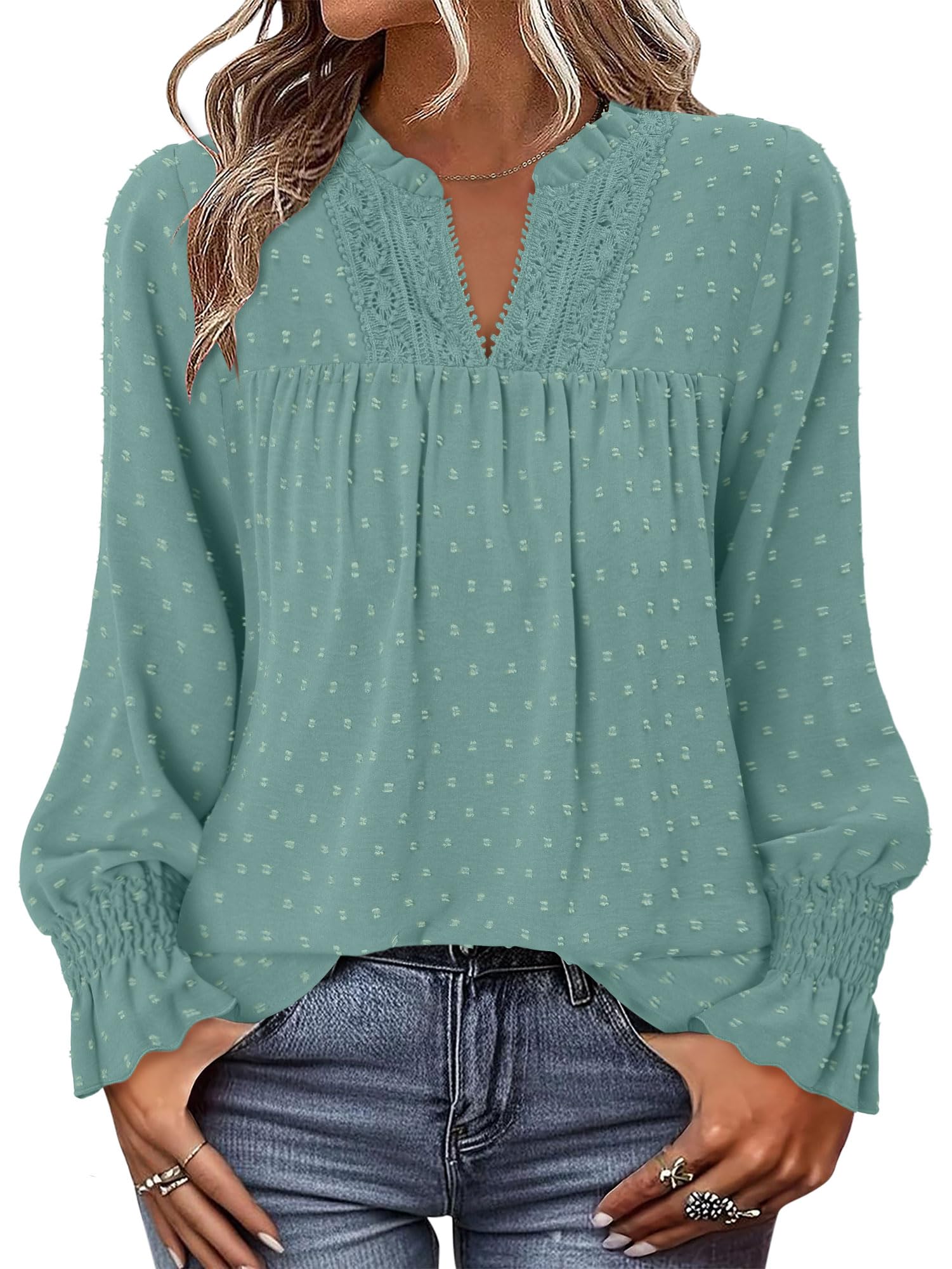 Women Boho Long Sleeve Shirts Dressy Casual V Neck Fall Fashion Tops Swiss Dot Flowy Blouses