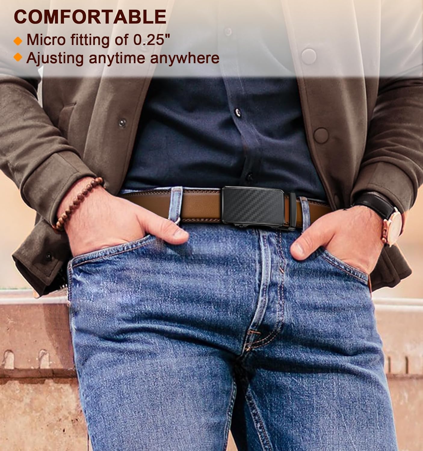 KEMISANT Men Belt 2 Pack, Leather Ratchet Belt Easy Click Slide For Men 1 3/8",Cut for Fit - Image 7