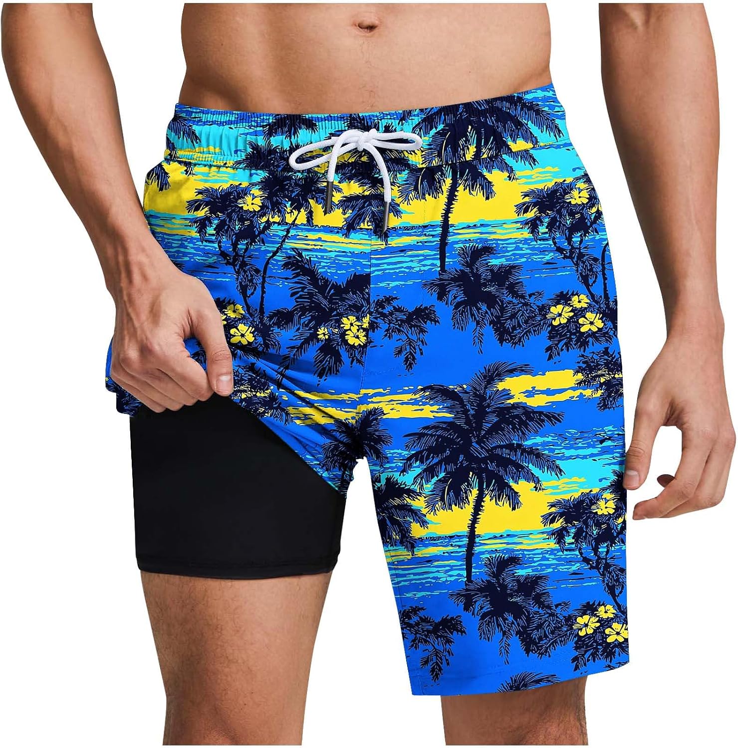 Mens Swim Trunks with Compression Liner Built-in Board Shorts Printed 2 in 1 Quick Dry Bathing Suits with Pockets