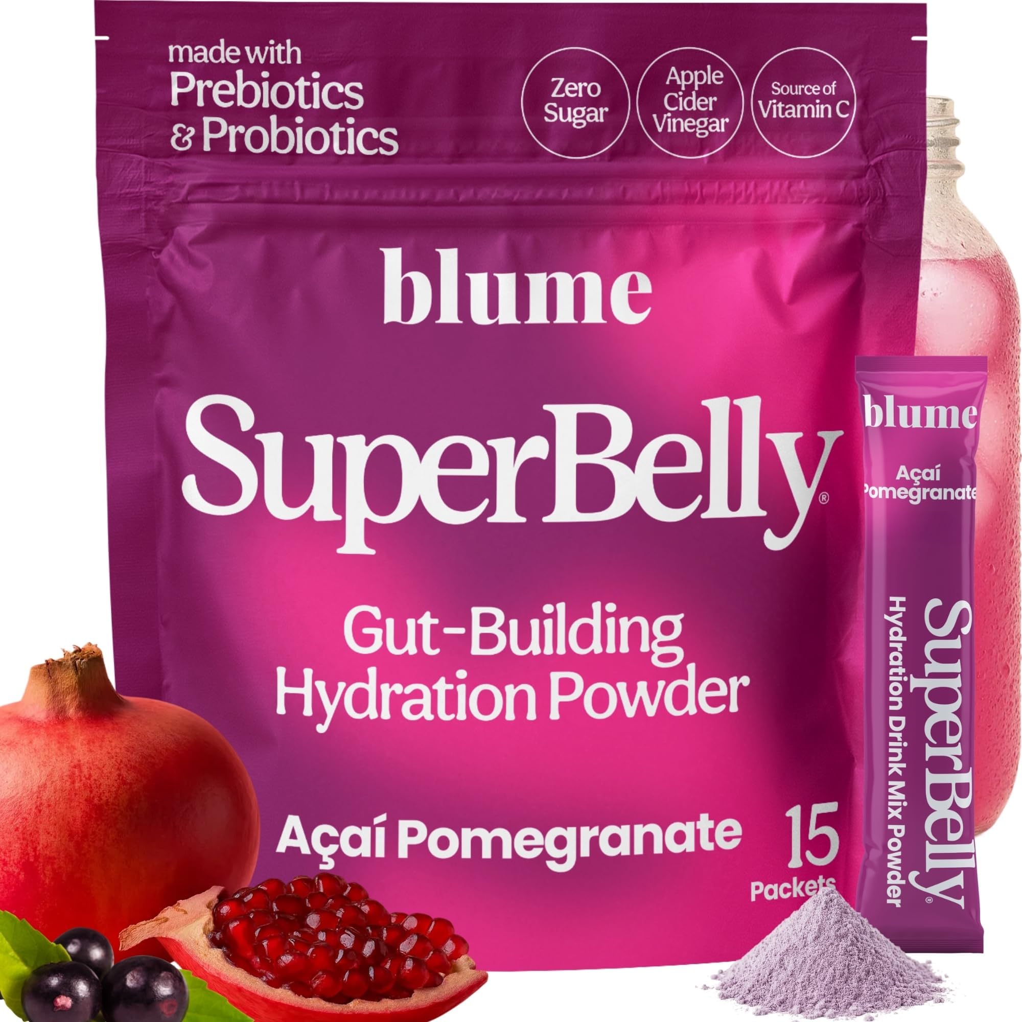 Blume SuperBelly Gut Health and On-The-Go Hydration Packets, GLP-1 Friendly, Sugar-Free, with Prebiotics, Probiotics, Apple Cider Vinegar, Vitamin C, and Electrolytes, Açai Pomegranate, 15 Sticks